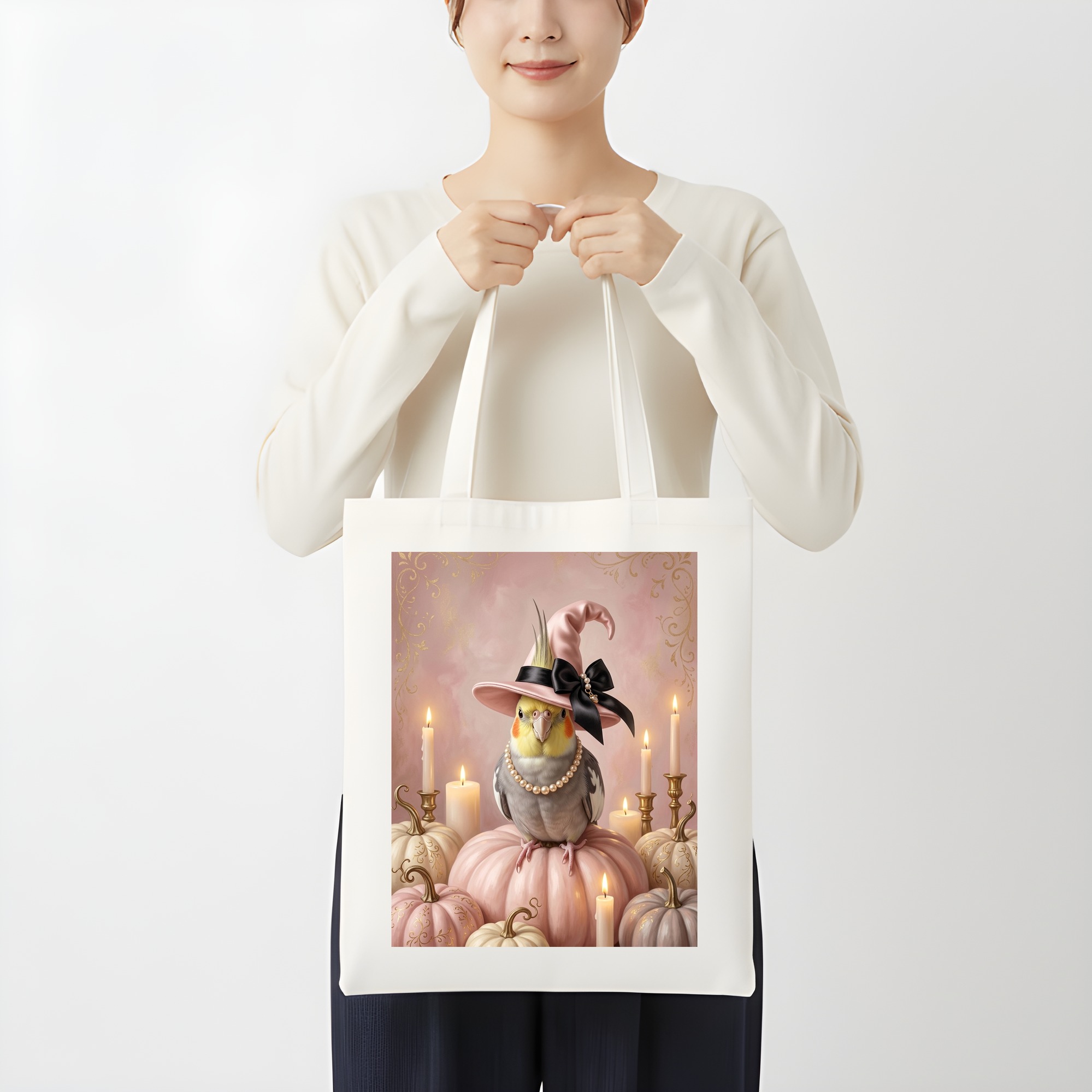 オカメインコのかぼちゃとキャンドルの油絵風アートハロウィントートバッグ(3枚目)