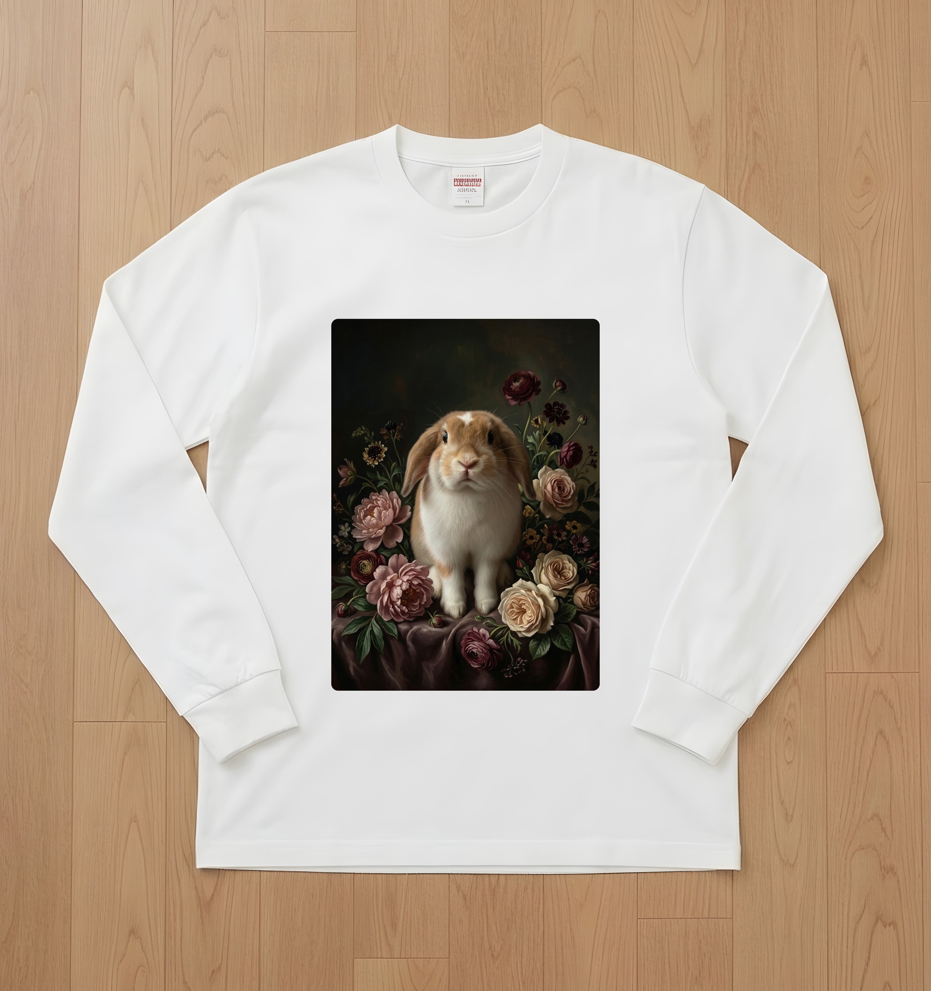 ミニロップの花の油絵風アート花柄長袖Tシャツ(ホワイト)