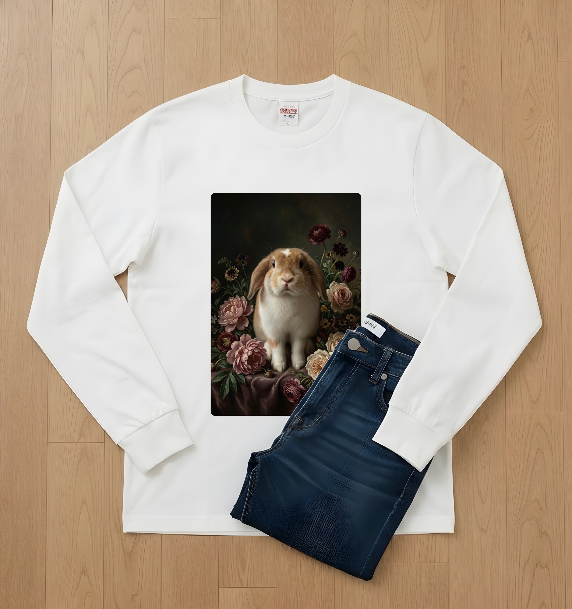 ミニロップの花の油絵風アート花柄長袖Tシャツ(ホワイト)(2枚目)