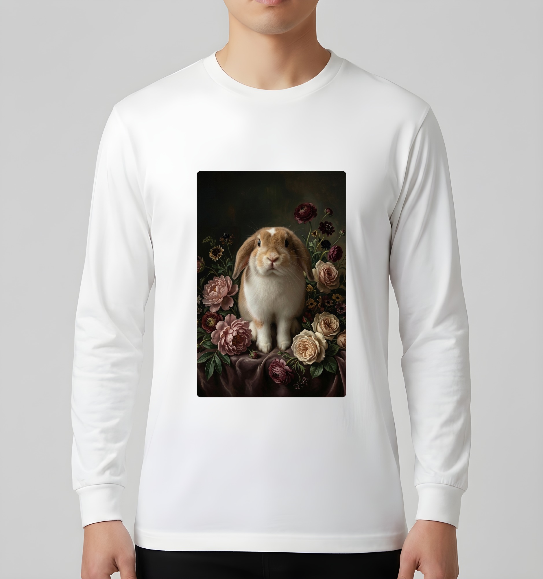 ミニロップの花の油絵風アート花柄長袖Tシャツ(ホワイト)(3枚目)