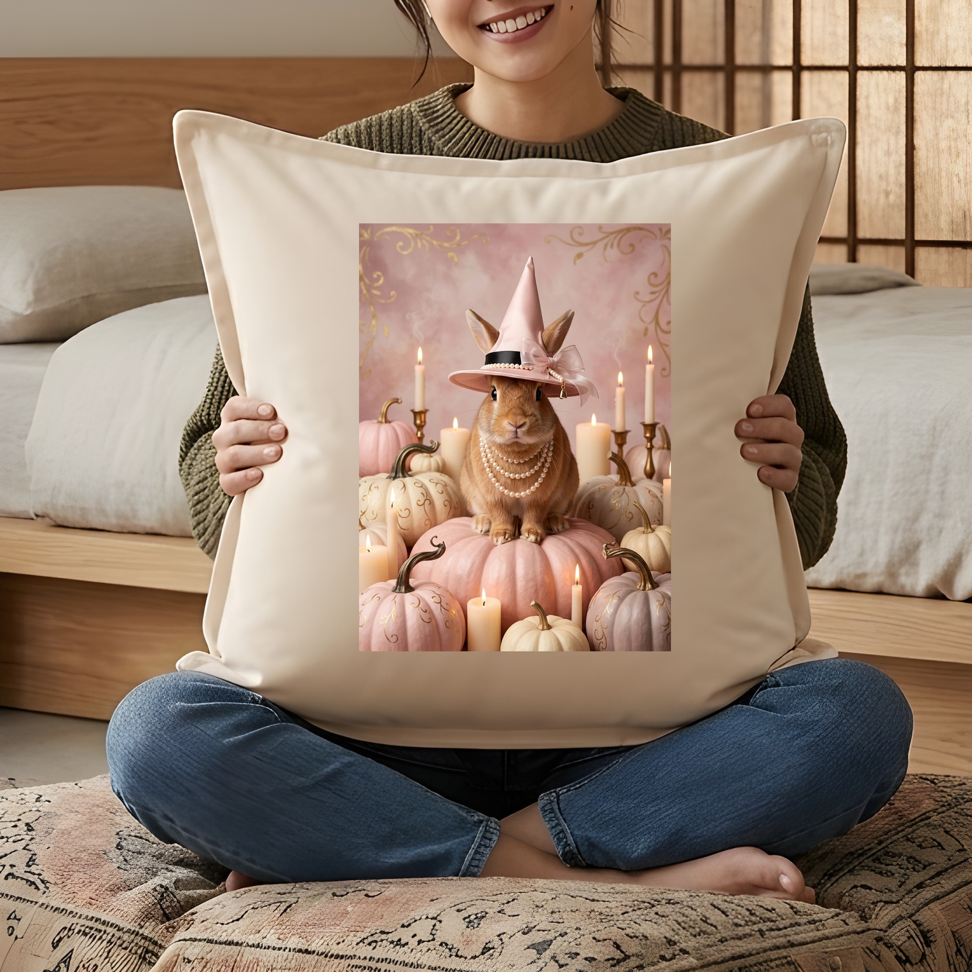 サテンのかぼちゃとキャンドルの油絵風アートハロウィンクッション(3枚目)