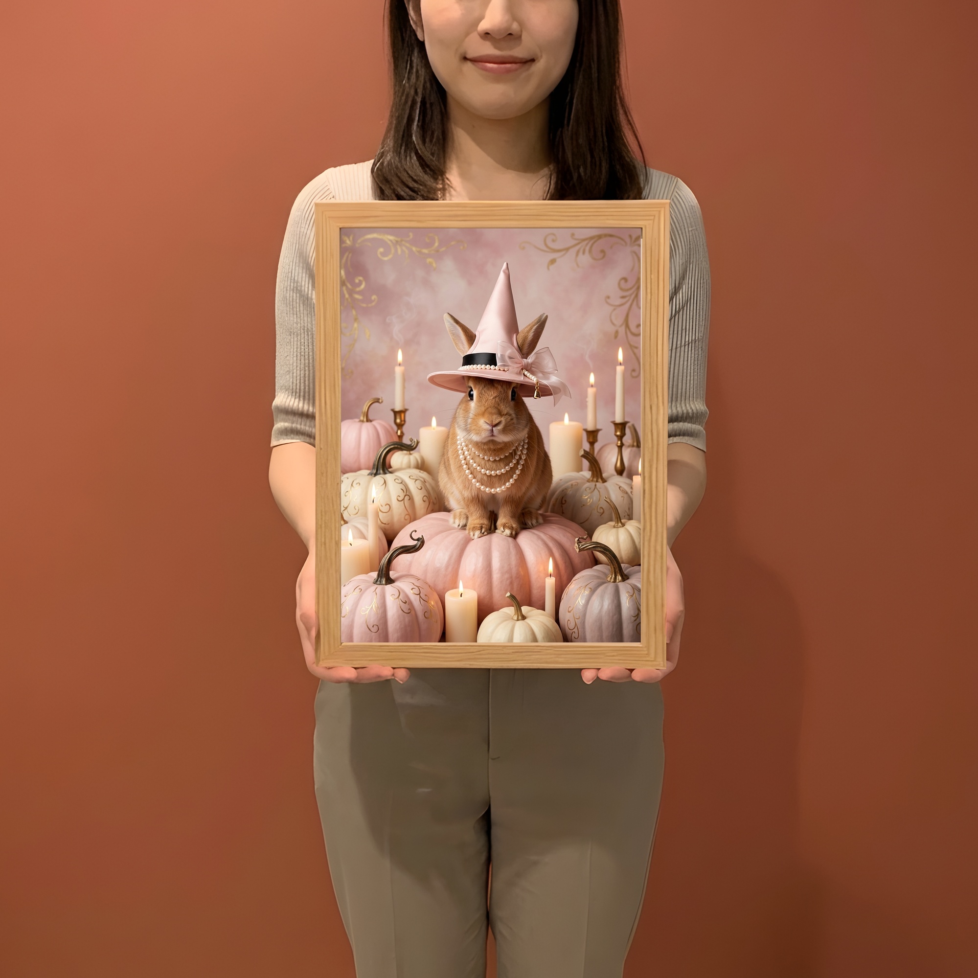 サテンのかぼちゃとキャンドルの油絵風アートハロウィン額装プリント(A4サイズ)(2枚目)