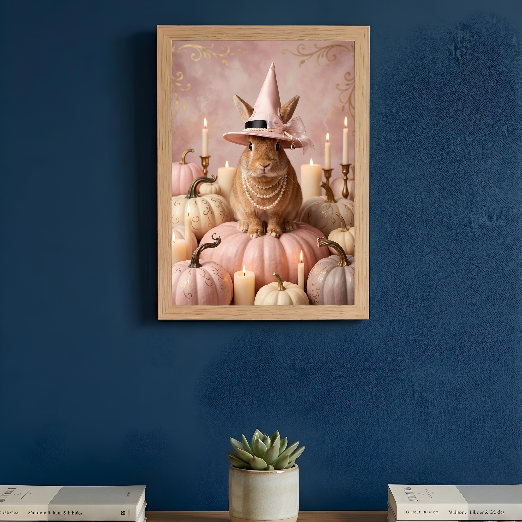 サテンのかぼちゃとキャンドルの油絵風アートハロウィン額装プリント(A4サイズ)(3枚目)