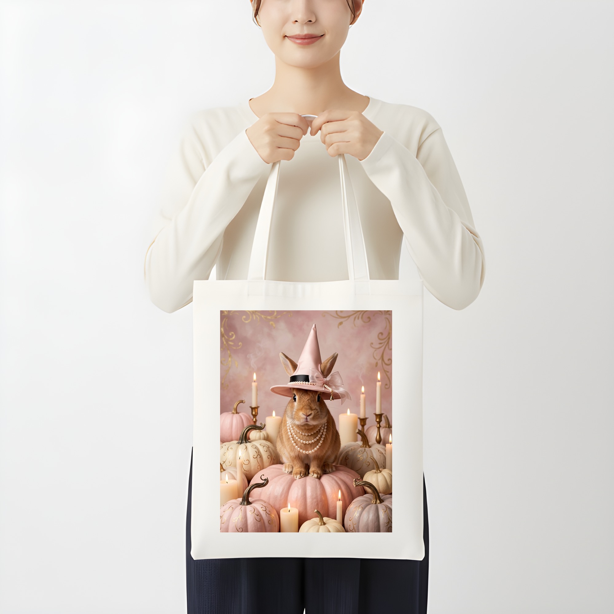 サテンのかぼちゃとキャンドルの油絵風アートハロウィントートバッグ（3枚目）