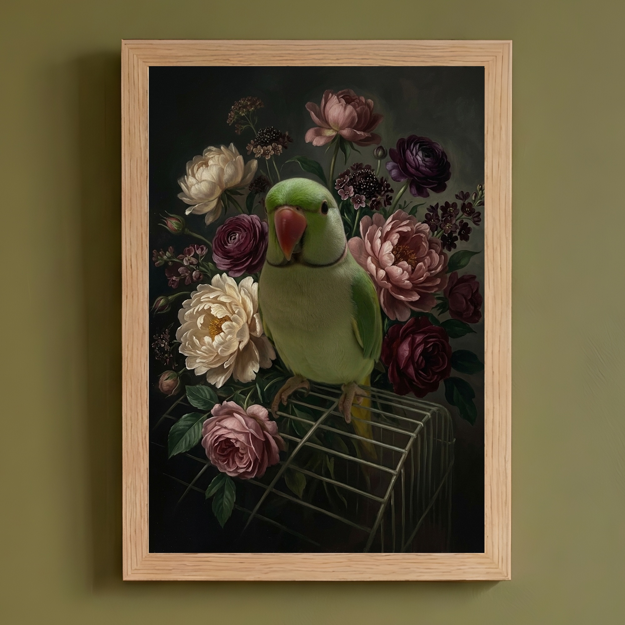 インドオオハナインコの花の油絵風アート花柄額装プリント(A4サイズ)