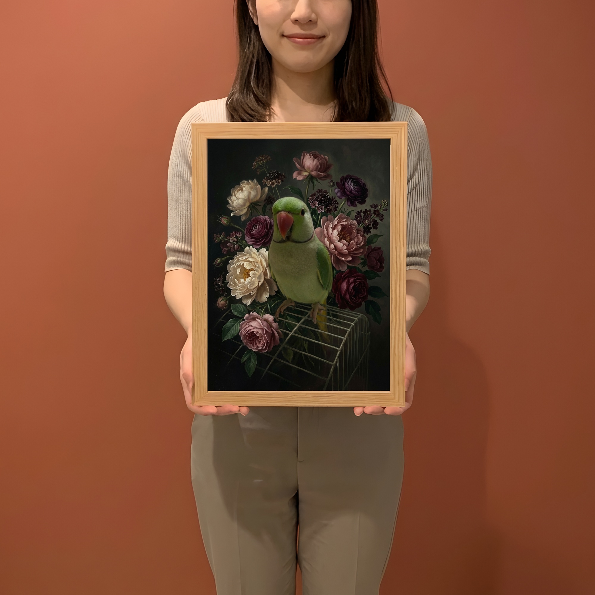 インドオオハナインコの花の油絵風アート花柄額装プリント(A4サイズ)(2枚目)