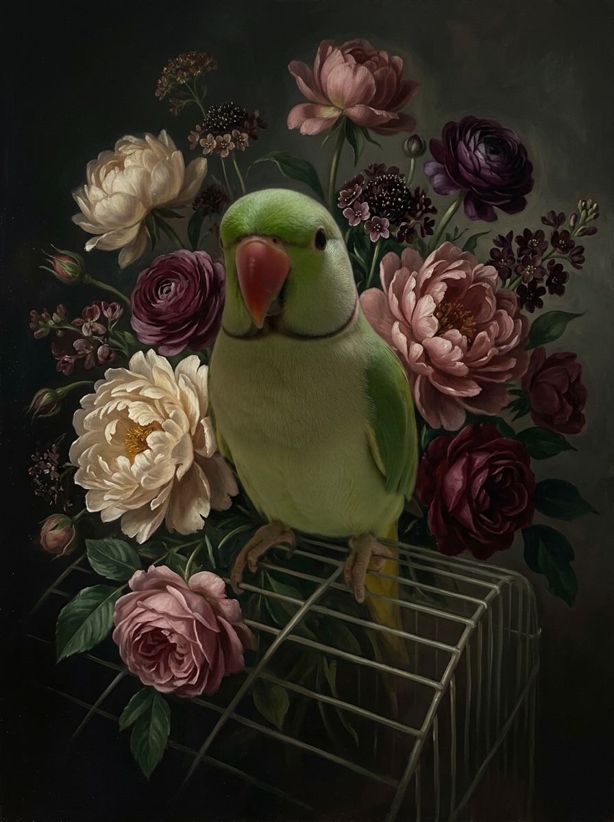 インドオオハナインコの花の油絵風アート花柄額装プリント(A4サイズ)(4枚目)