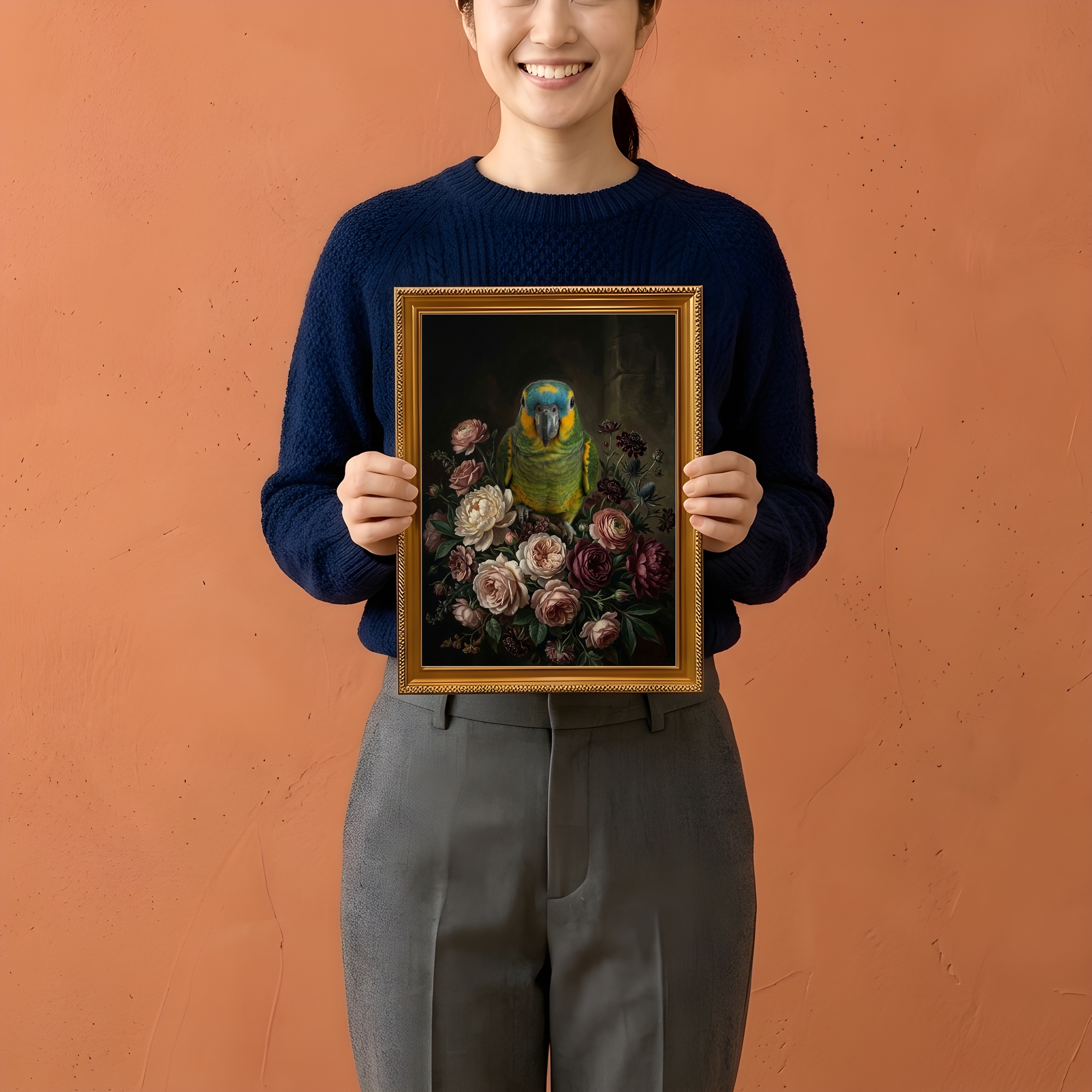 アオボウシインコの花の油絵風アート花柄額装プリント（A4金縁）（2枚目）