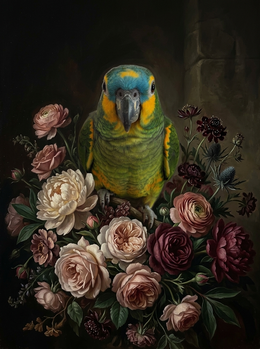 アオボウシインコの花の油絵風アート花柄額装プリント（A4金縁）（4枚目）