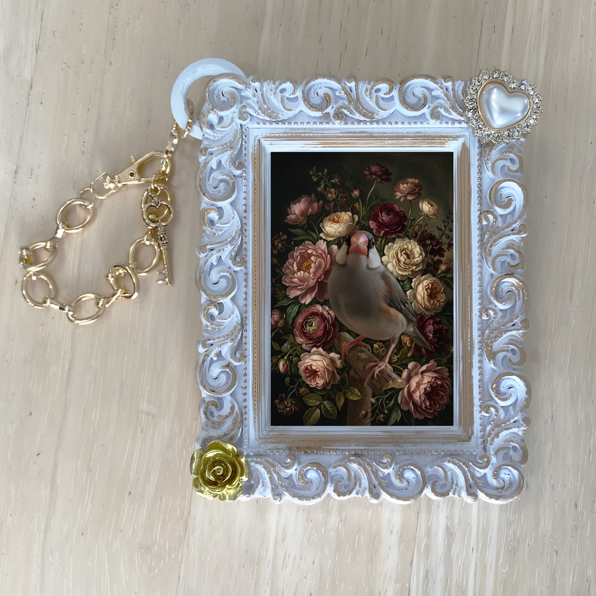 文鳥・ブンチョウの花の油絵風アート花柄バッグチャーム(ホワイト)(4枚目)