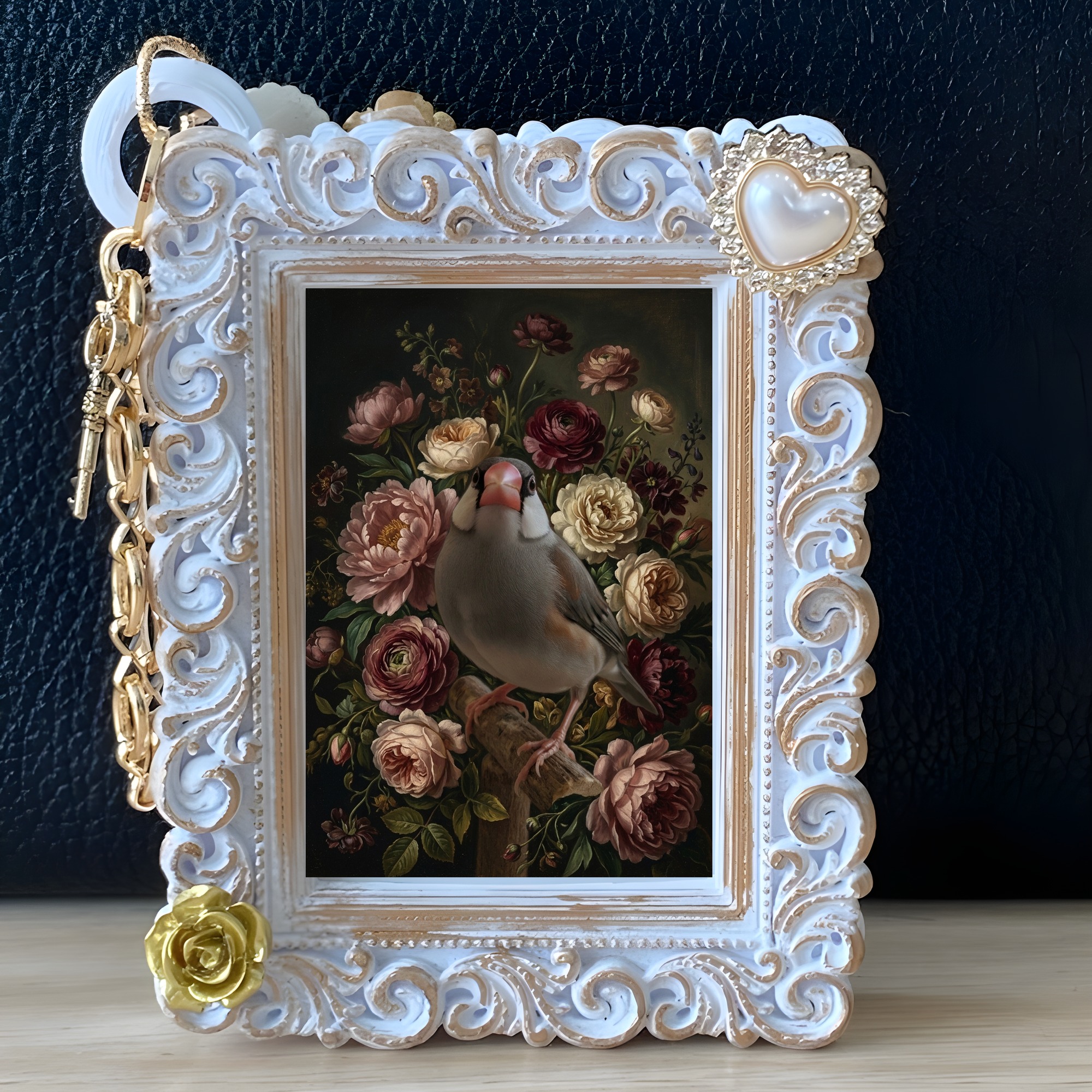 文鳥・ブンチョウの花の油絵風アート花柄バッグチャーム(ホワイト)(5枚目)