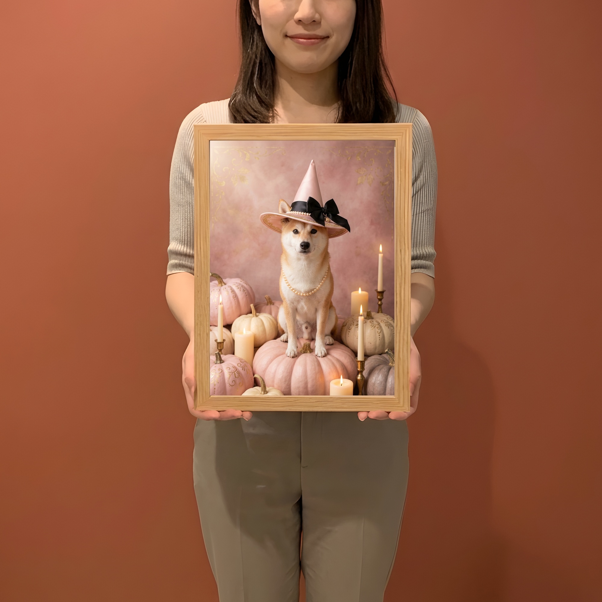 柴犬のかぼちゃとキャンドルの油絵風アートハロウィン額装プリント（A4サイズ）（2枚目）