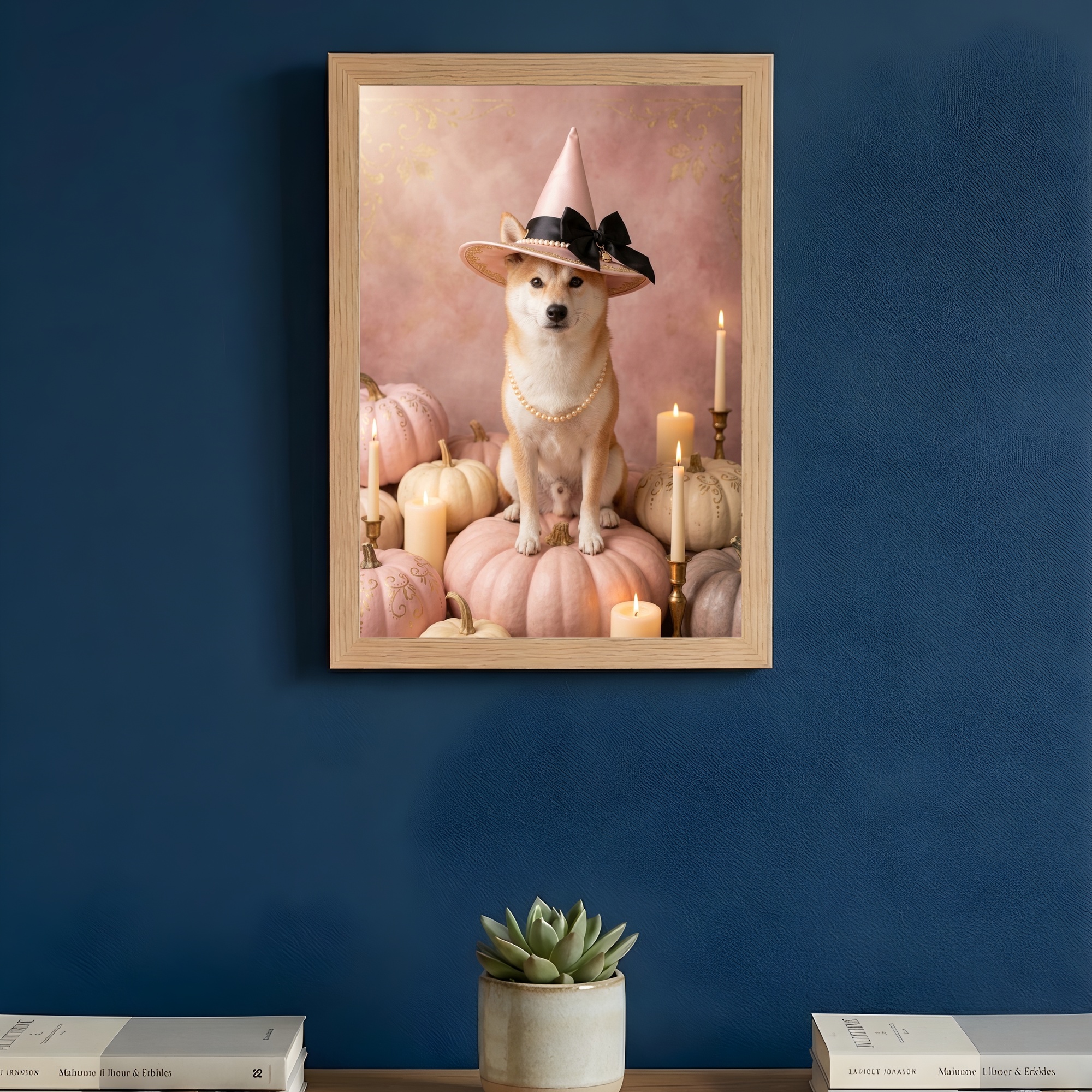 柴犬のかぼちゃとキャンドルの油絵風アートハロウィン額装プリント（A4サイズ）（3枚目）