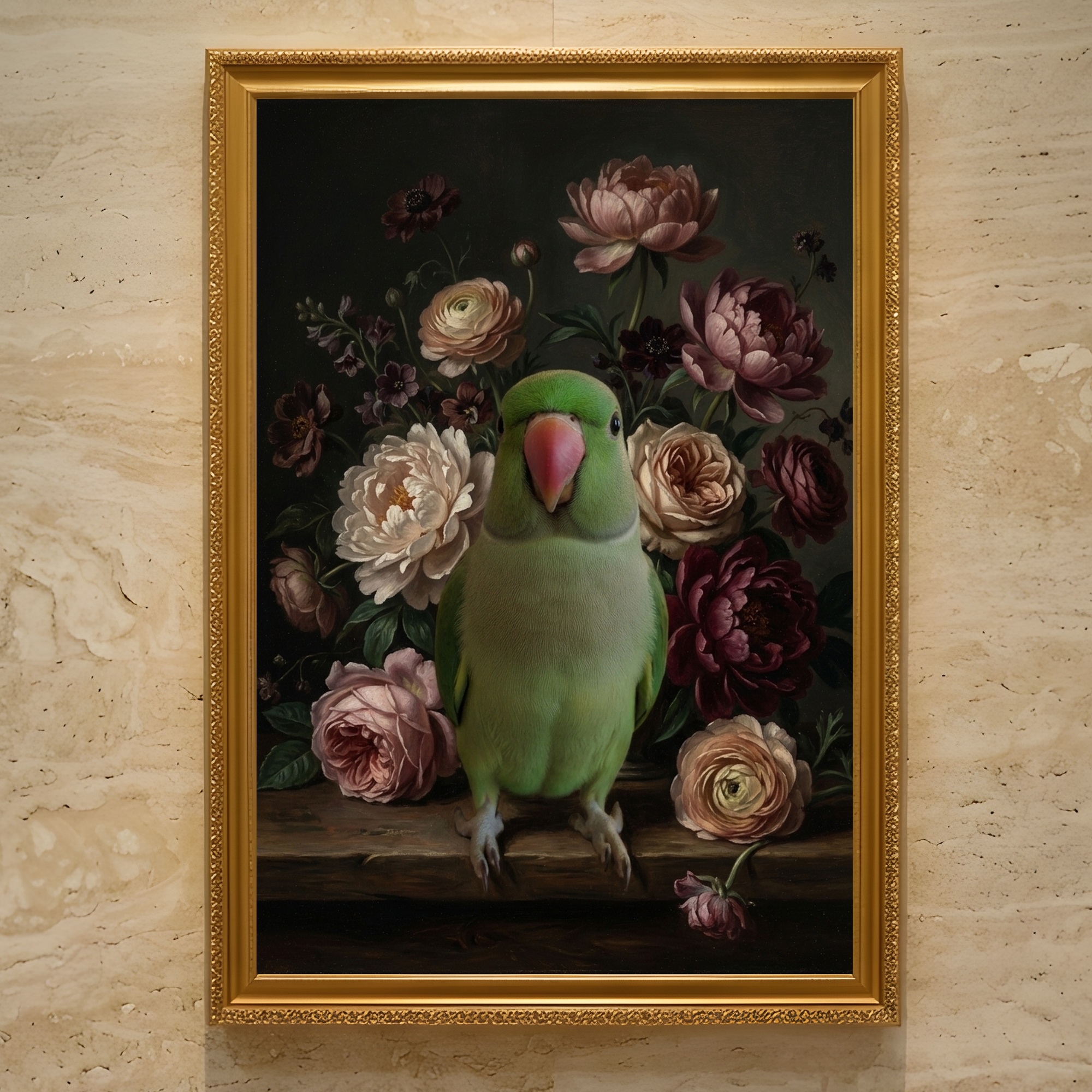 ワカケホンセイインコの花の油絵風アート花柄額装プリント(A3サイズ)