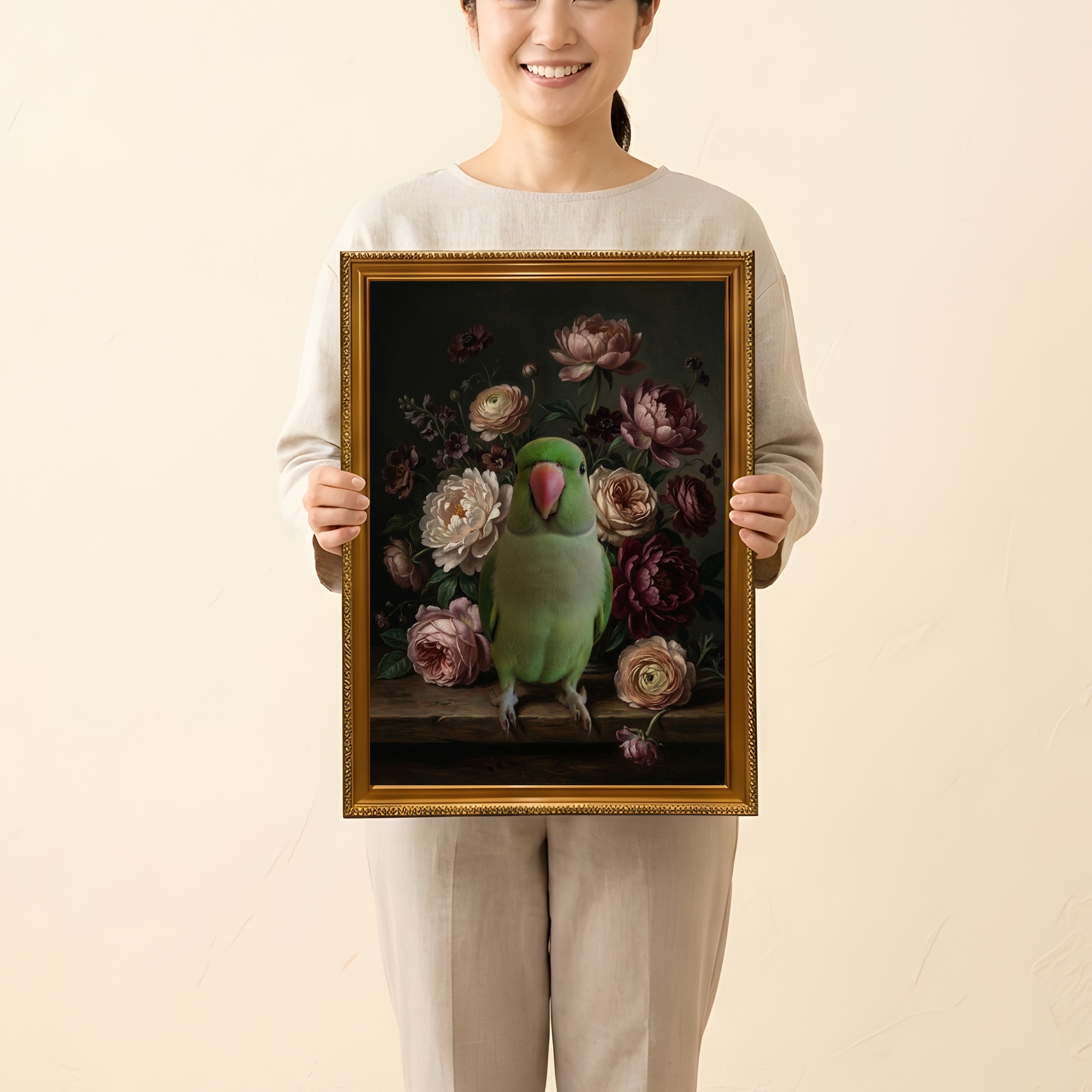 ワカケホンセイインコの花の油絵風アート花柄額装プリント(A3サイズ)(2枚目)