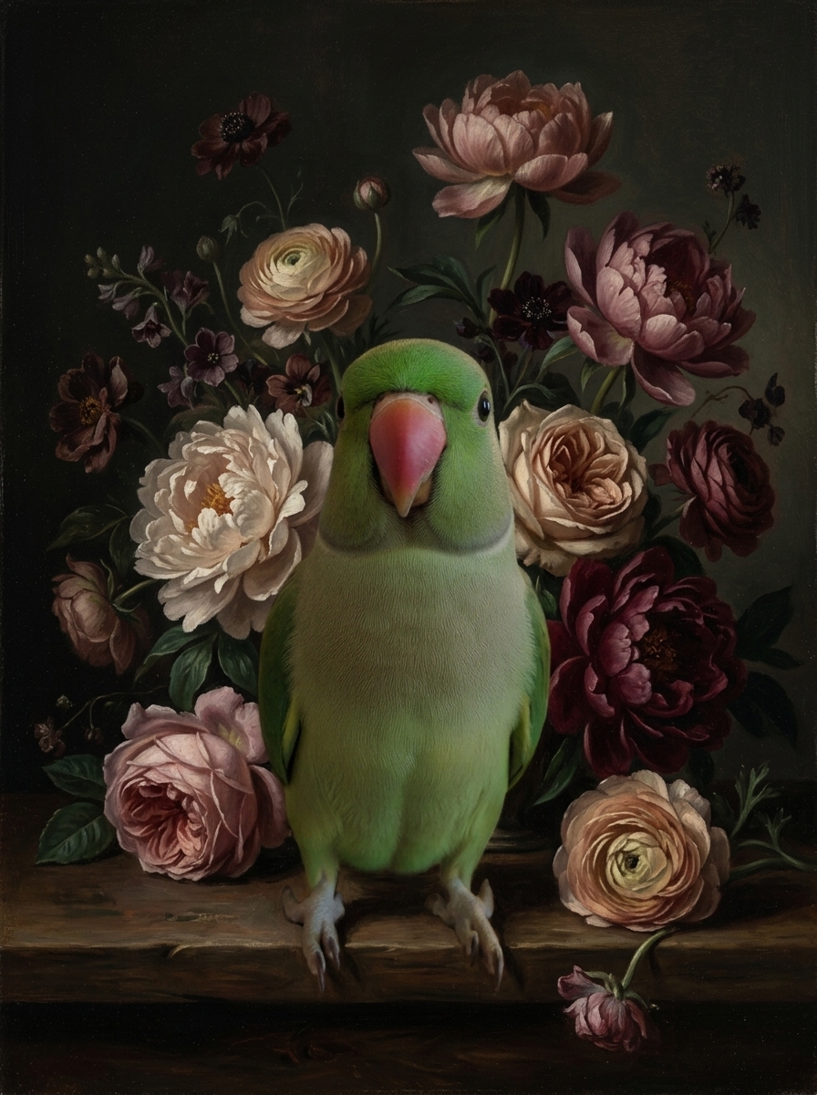 ワカケホンセイインコの花の油絵風アート花柄額装プリント(A3サイズ)(4枚目)