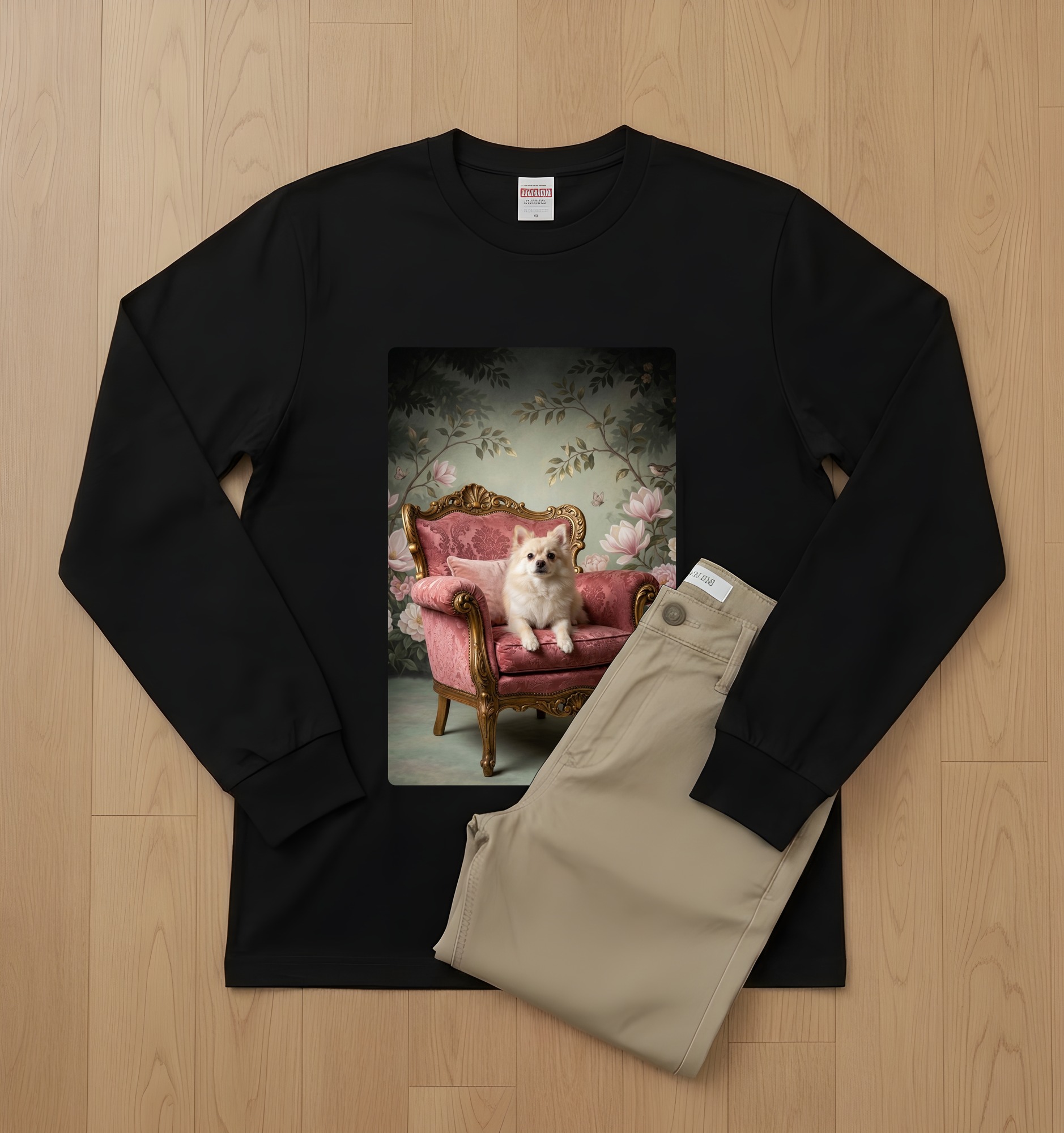ポメラニアンのシャビーピンクの油絵風アートロココ調長袖Tシャツ(ブラック)(2枚目)