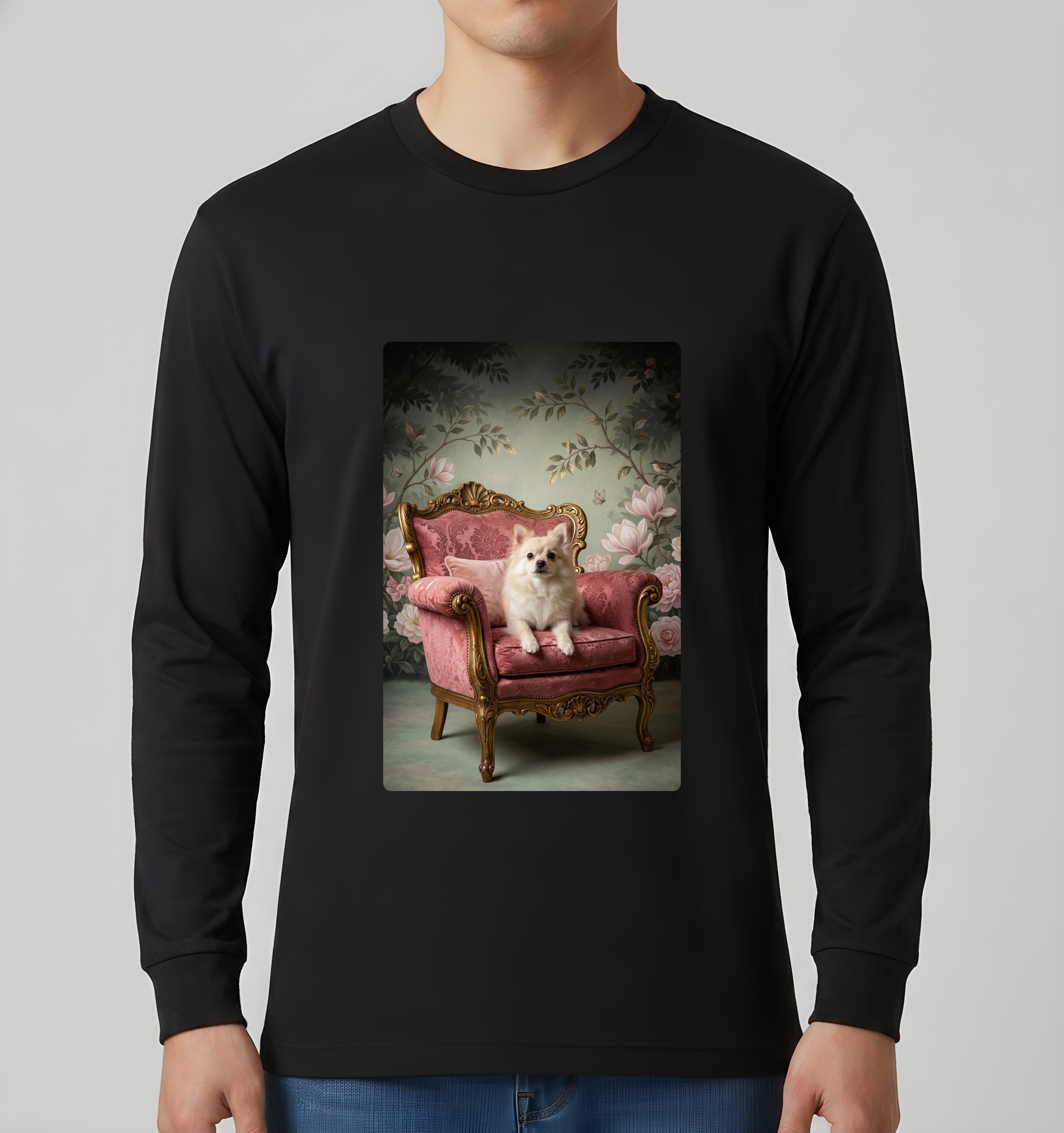 ポメラニアンのシャビーピンクの油絵風アートロココ調長袖Tシャツ(ブラック)(3枚目)