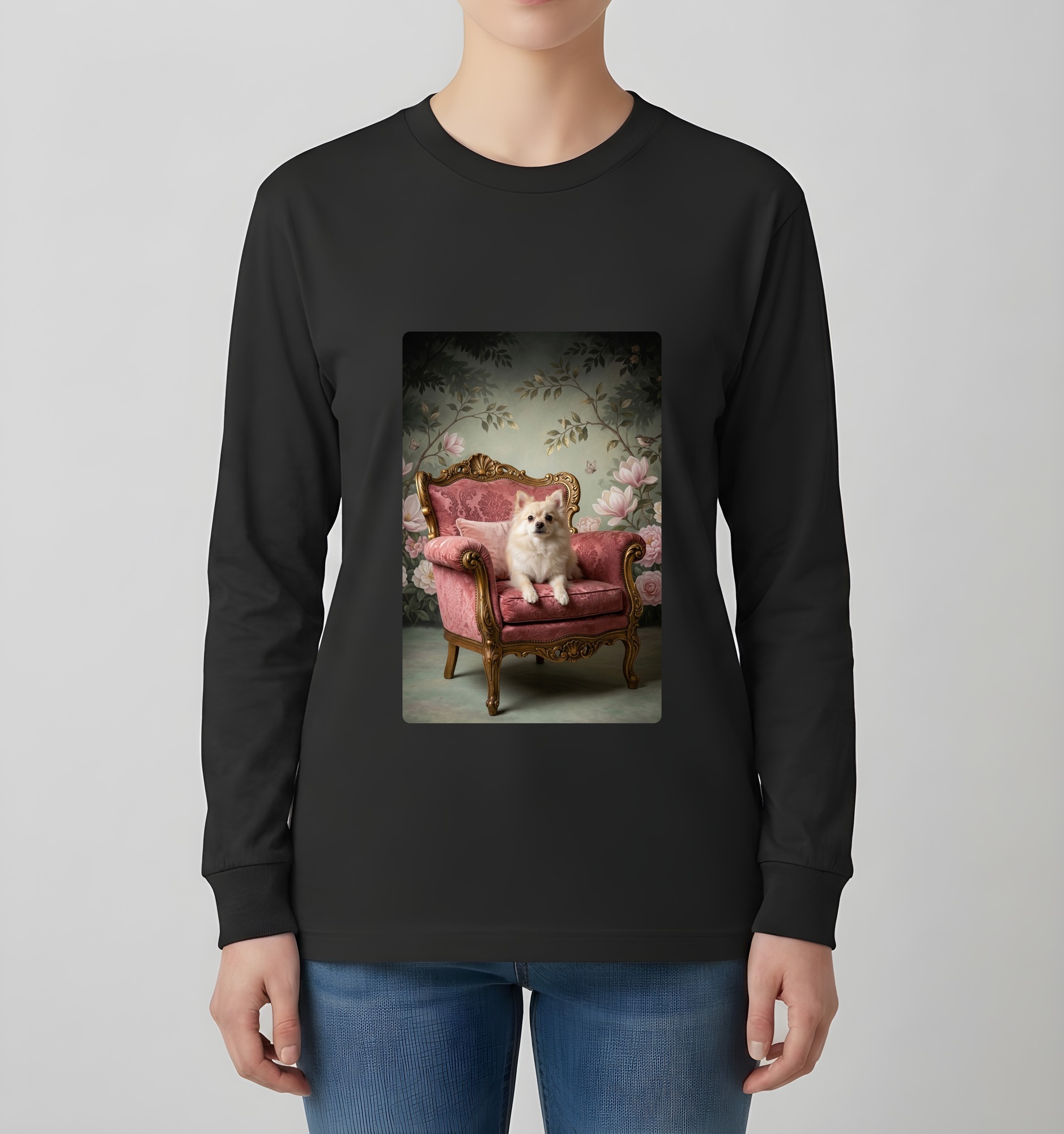 ポメラニアンのシャビーピンクの油絵風アートロココ調長袖Tシャツ(ブラック)(4枚目)