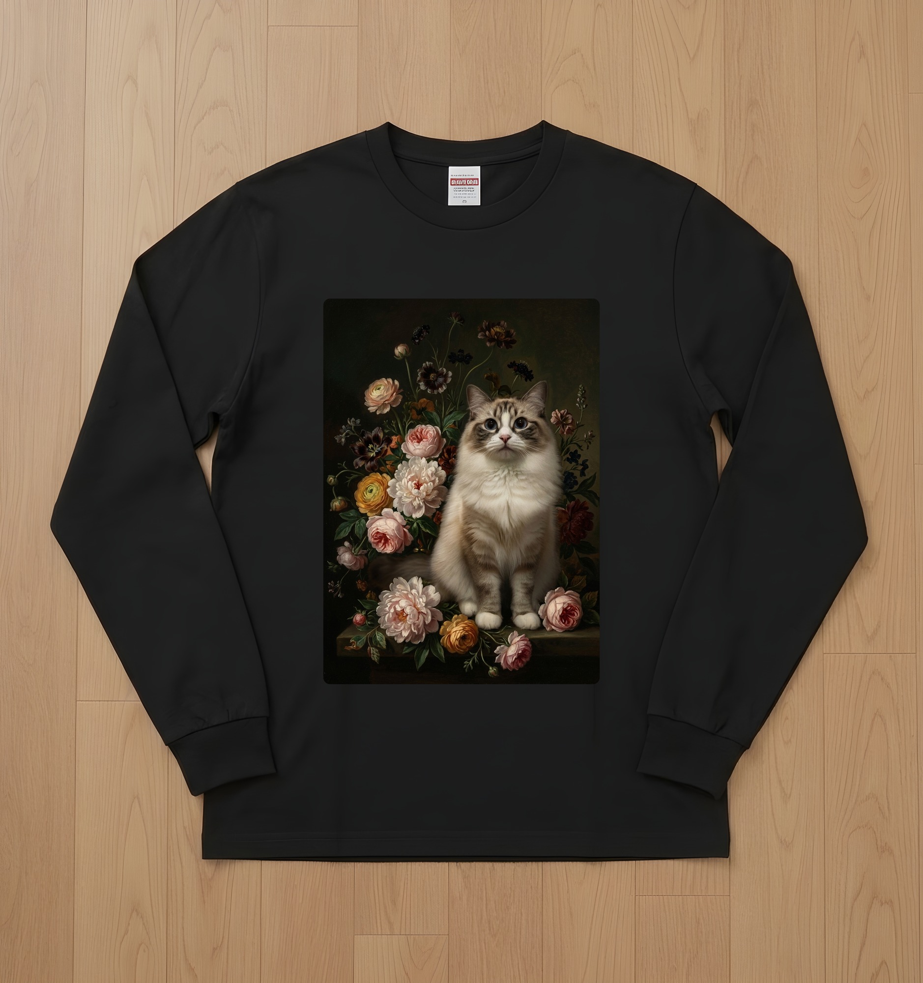 ラグドールの花の油絵風アート花柄長袖Tシャツ(ブラック)