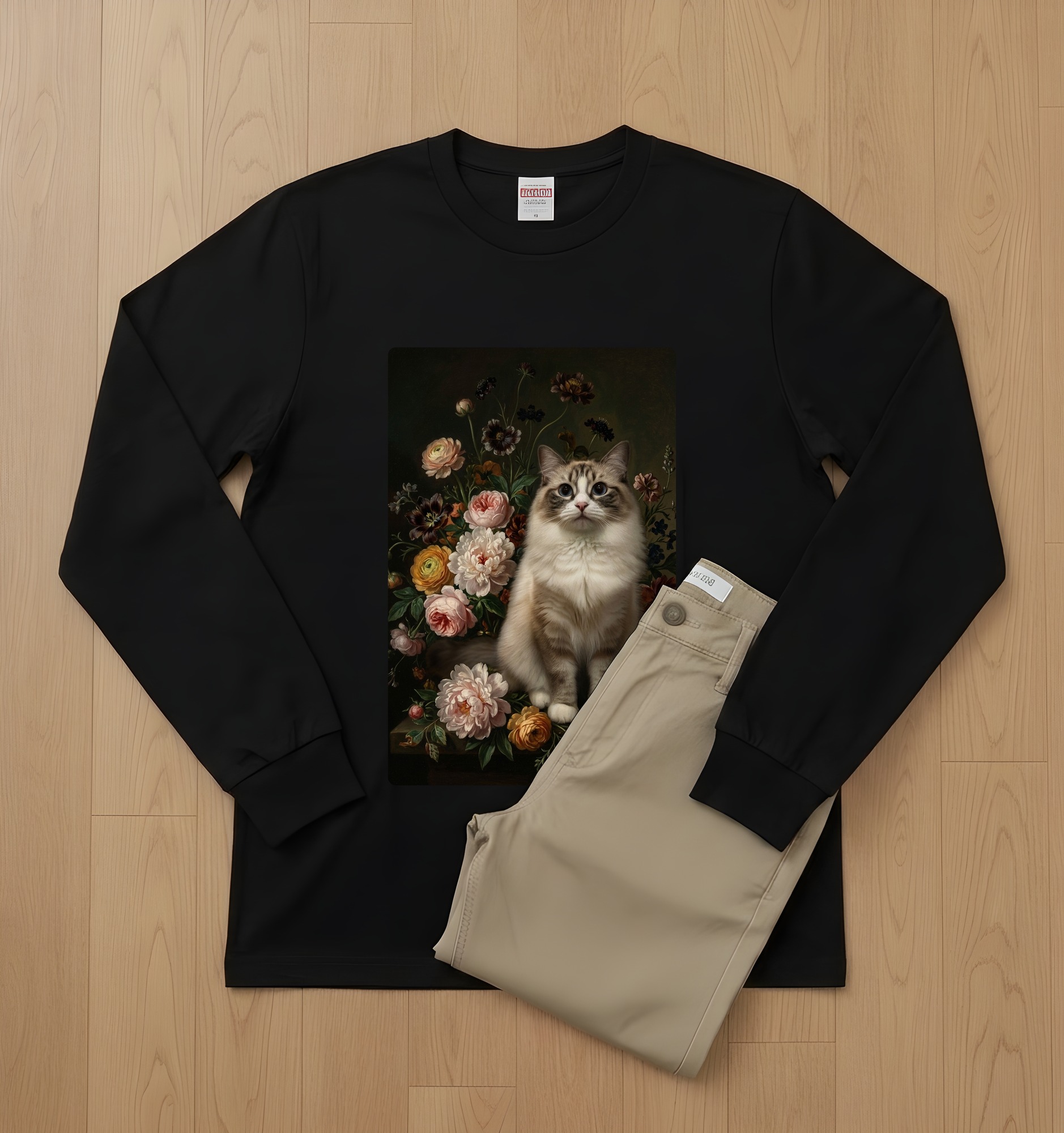 ラグドールの花の油絵風アート花柄長袖Tシャツ（ブラック）（2枚目）