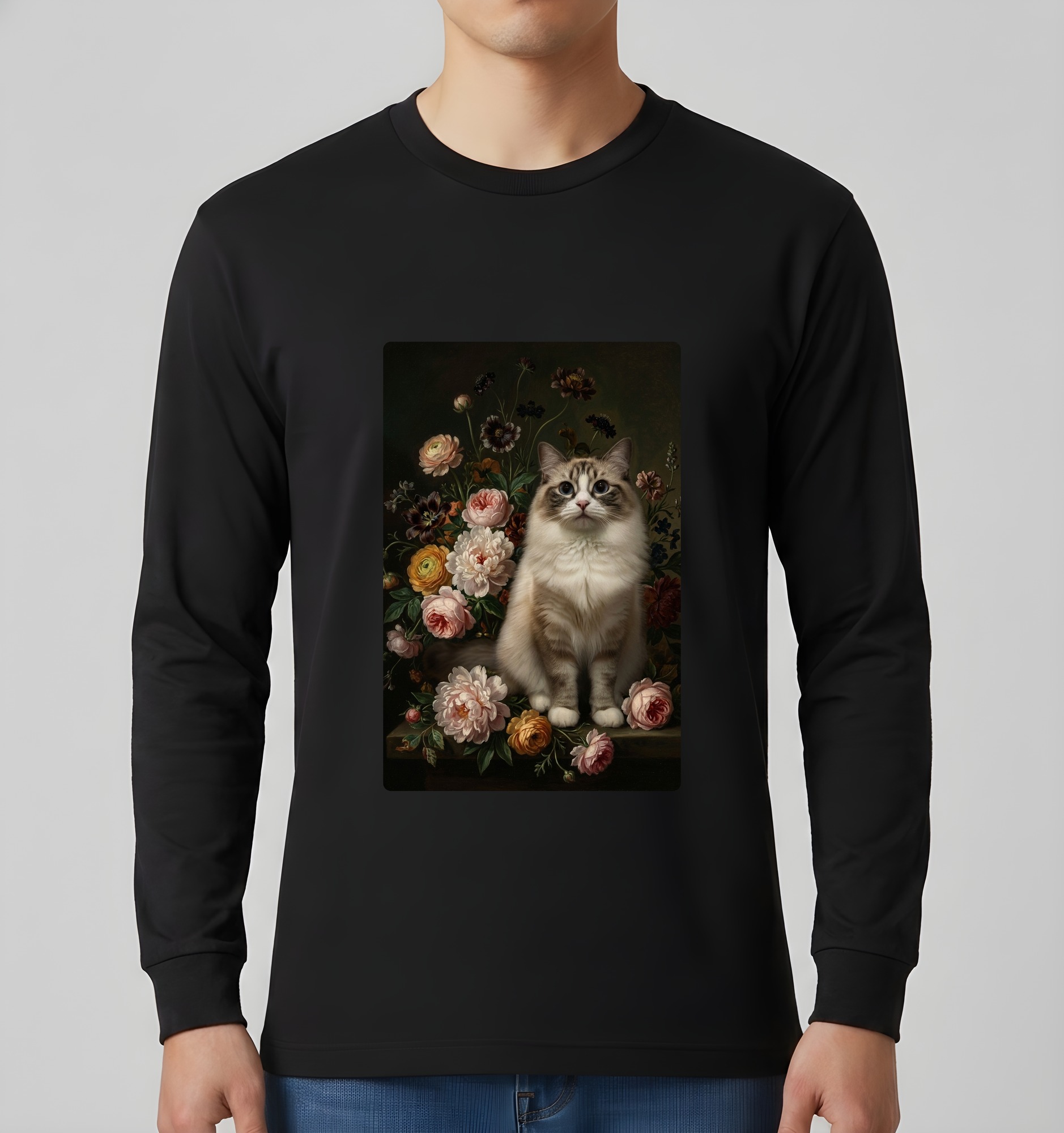 ラグドールの花の油絵風アート花柄長袖Tシャツ（ブラック）（3枚目）