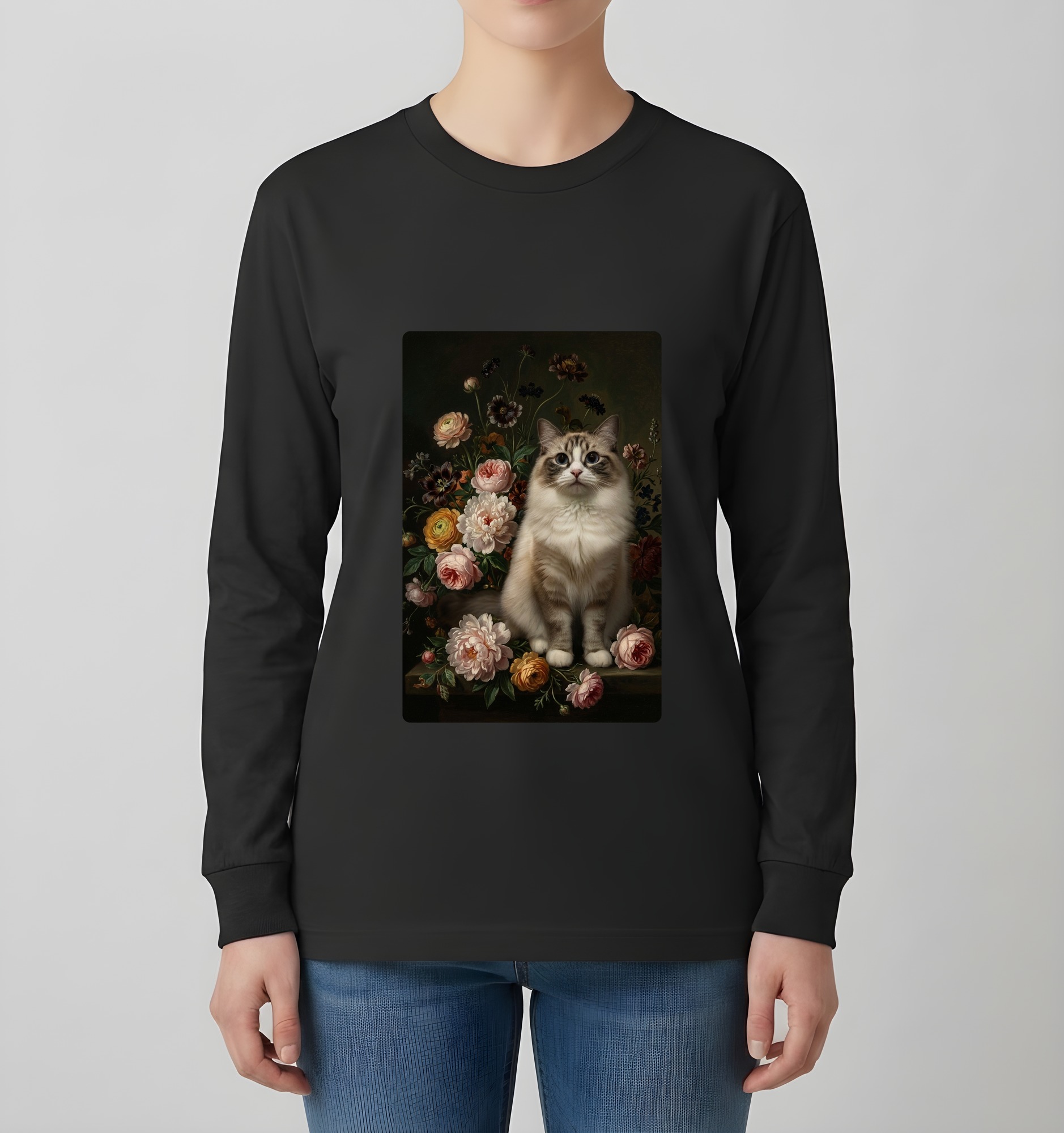ラグドールの花の油絵風アート花柄長袖Tシャツ（ブラック）（4枚目）
