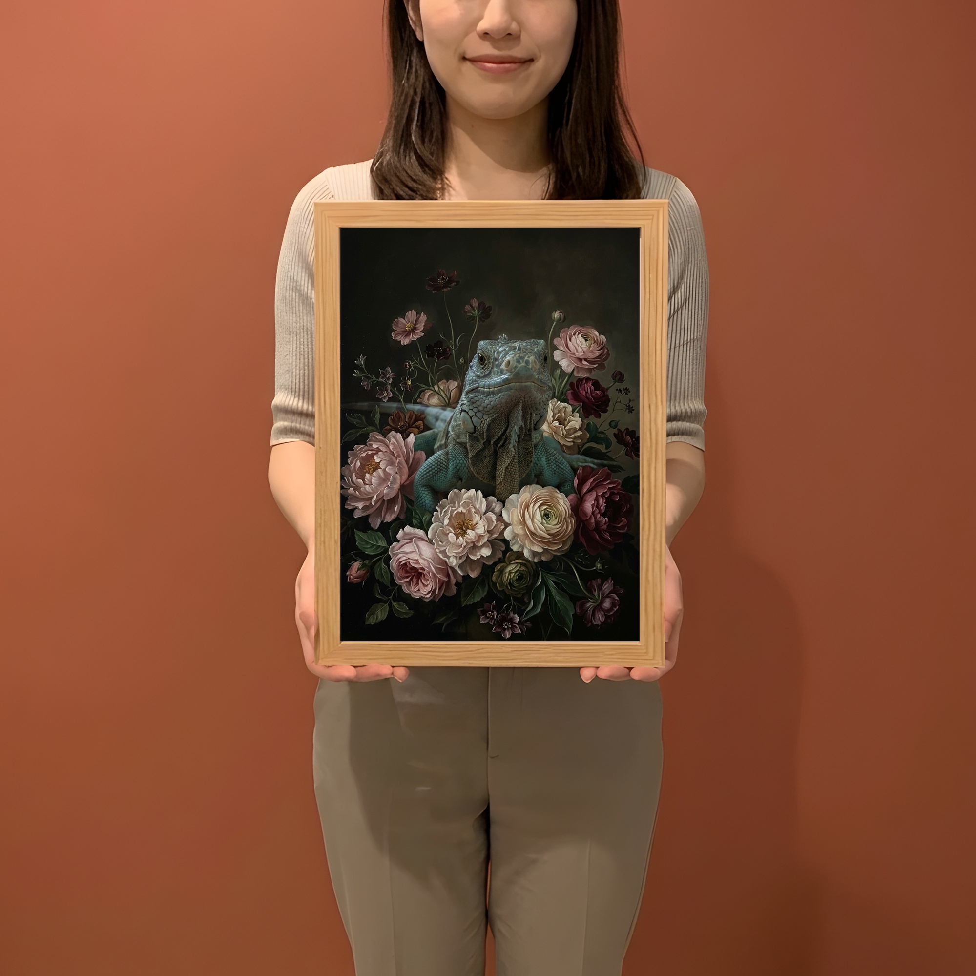 ブルーイグアナの花の油絵風アート花柄額装プリント（A4サイズ）（2枚目）