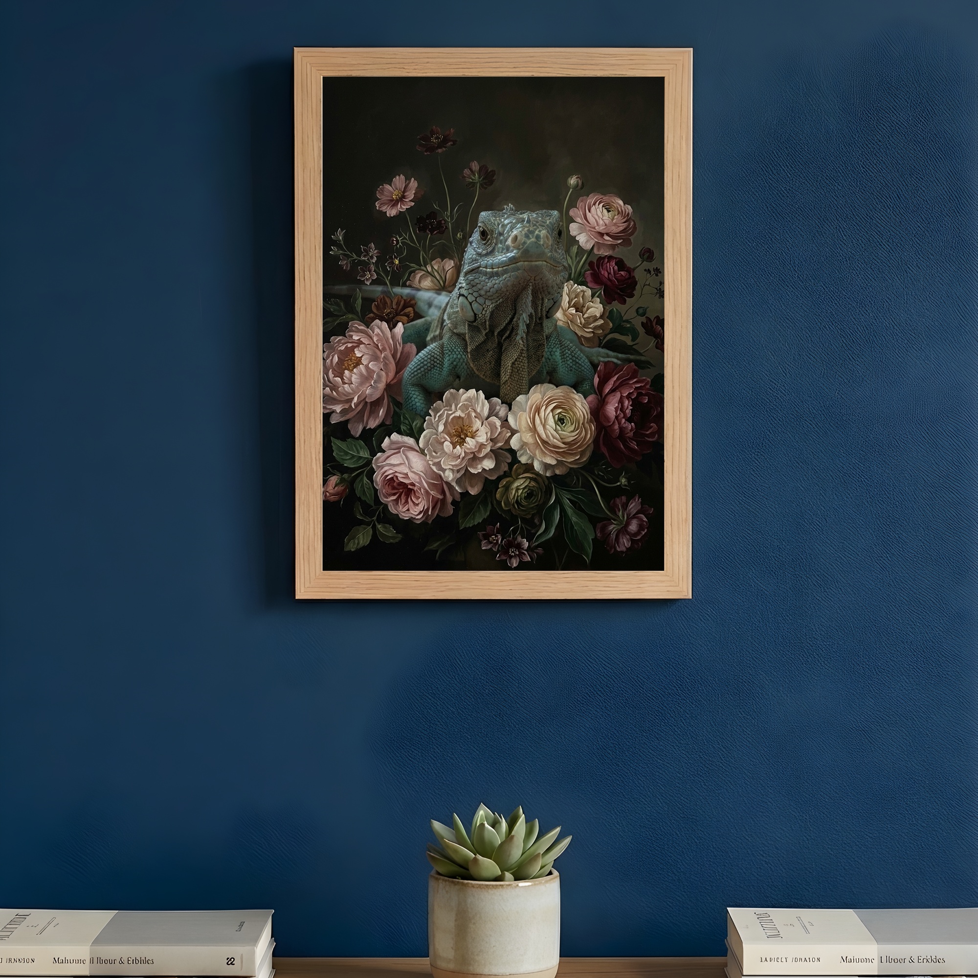 ブルーイグアナの花の油絵風アート花柄額装プリント（A4サイズ）（3枚目）