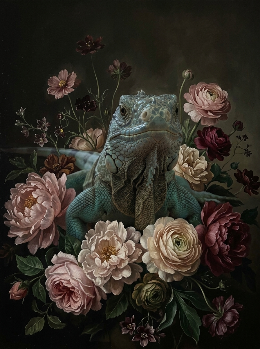 ブルーイグアナの花の油絵風アート花柄額装プリント（A4サイズ）（4枚目）
