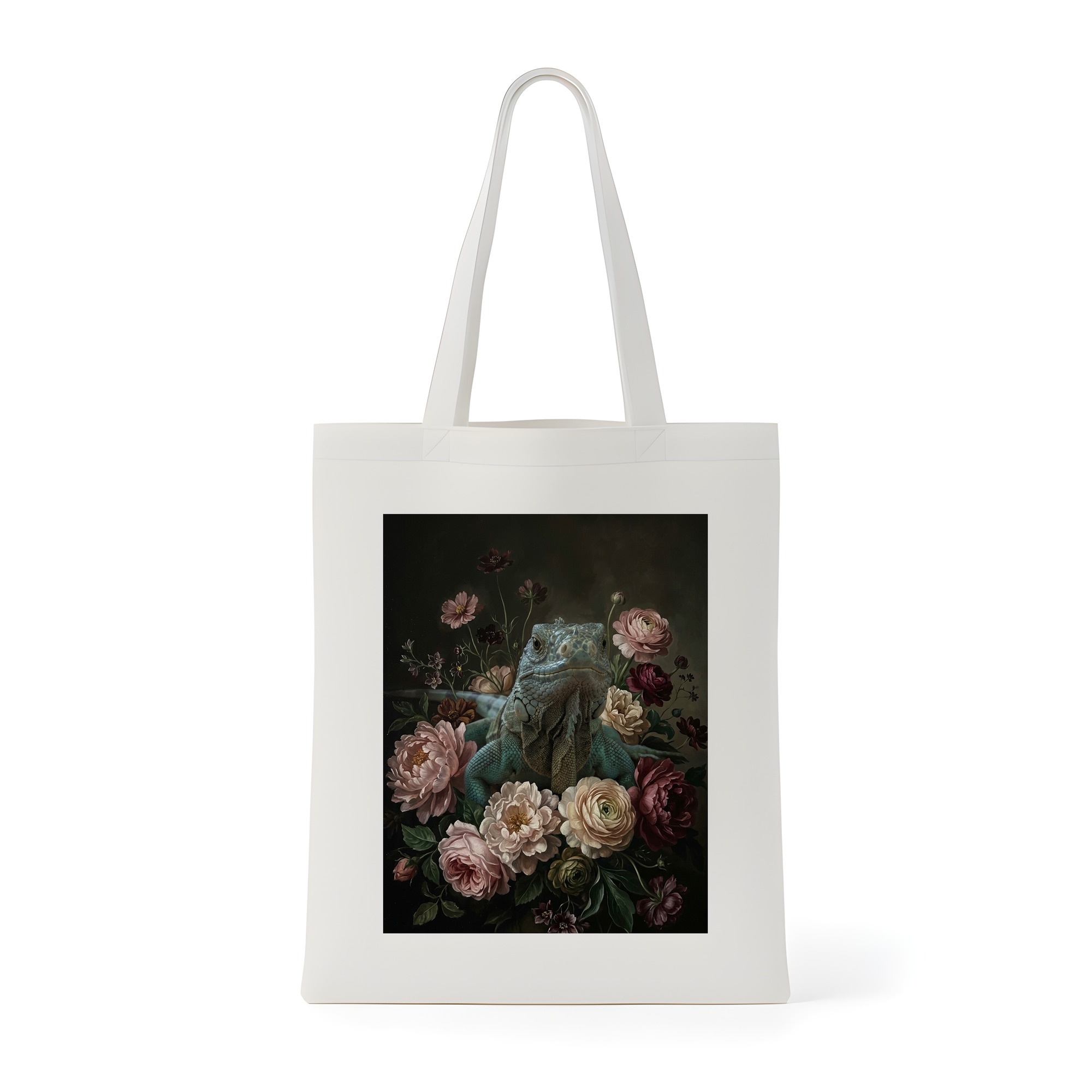 ブルーイグアナの花の油絵風アート花柄トートバッグ