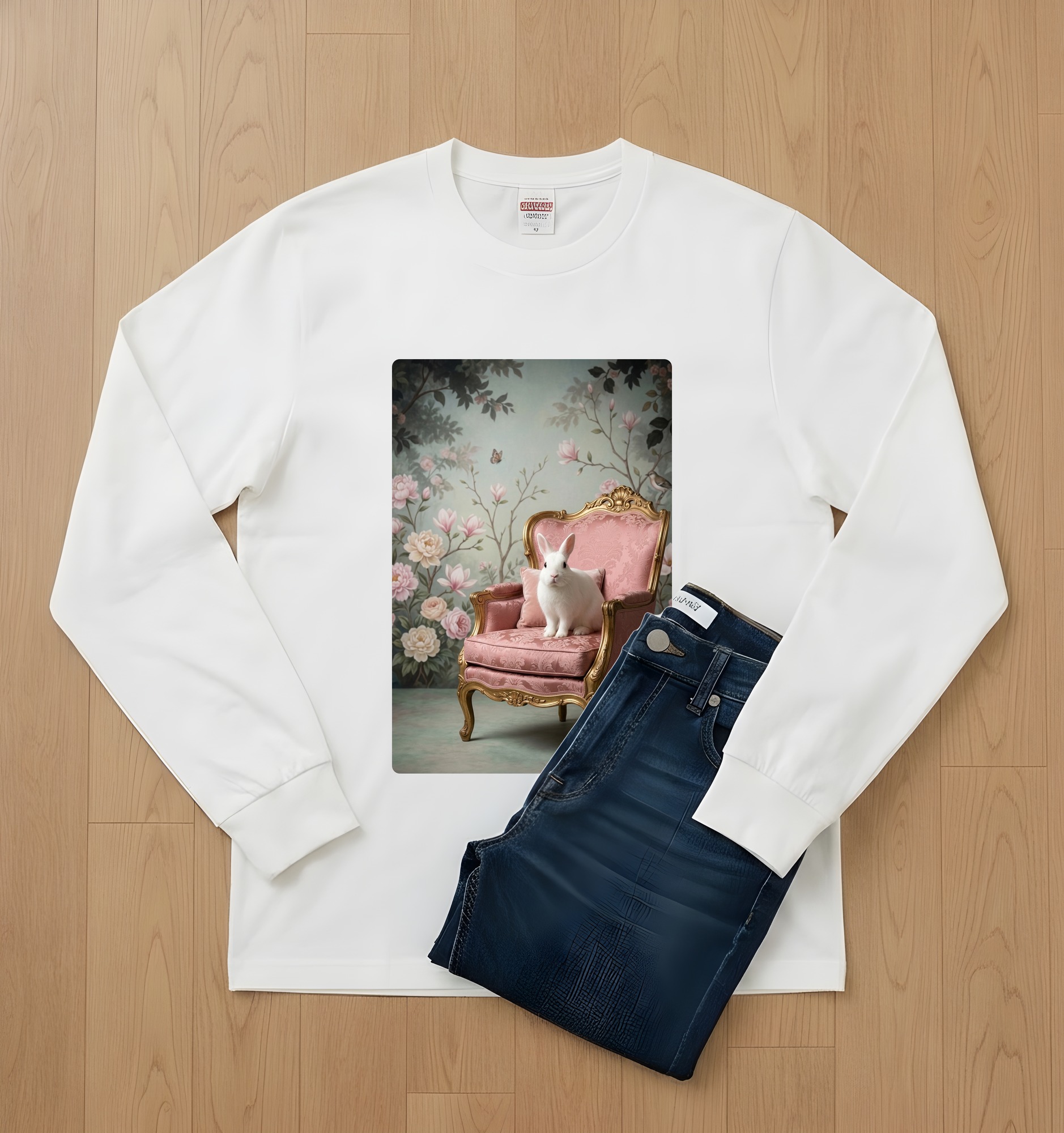 ポーリッシュのシャビーピンクの油絵風アートロココ調長袖Tシャツ(ホワイト)(2枚目)
