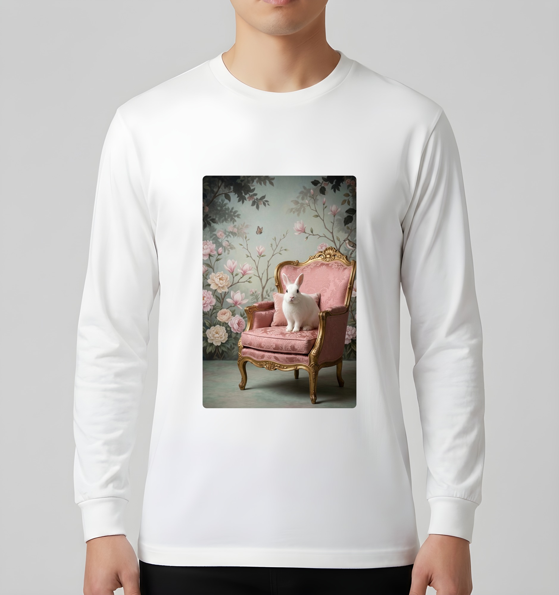 ポーリッシュのシャビーピンクの油絵風アートロココ調長袖Tシャツ(ホワイト)(3枚目)