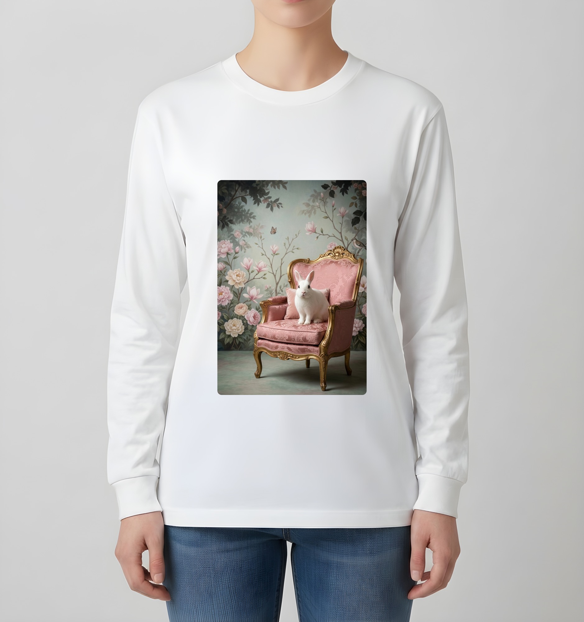 ポーリッシュのシャビーピンクの油絵風アートロココ調長袖Tシャツ(ホワイト)(4枚目)