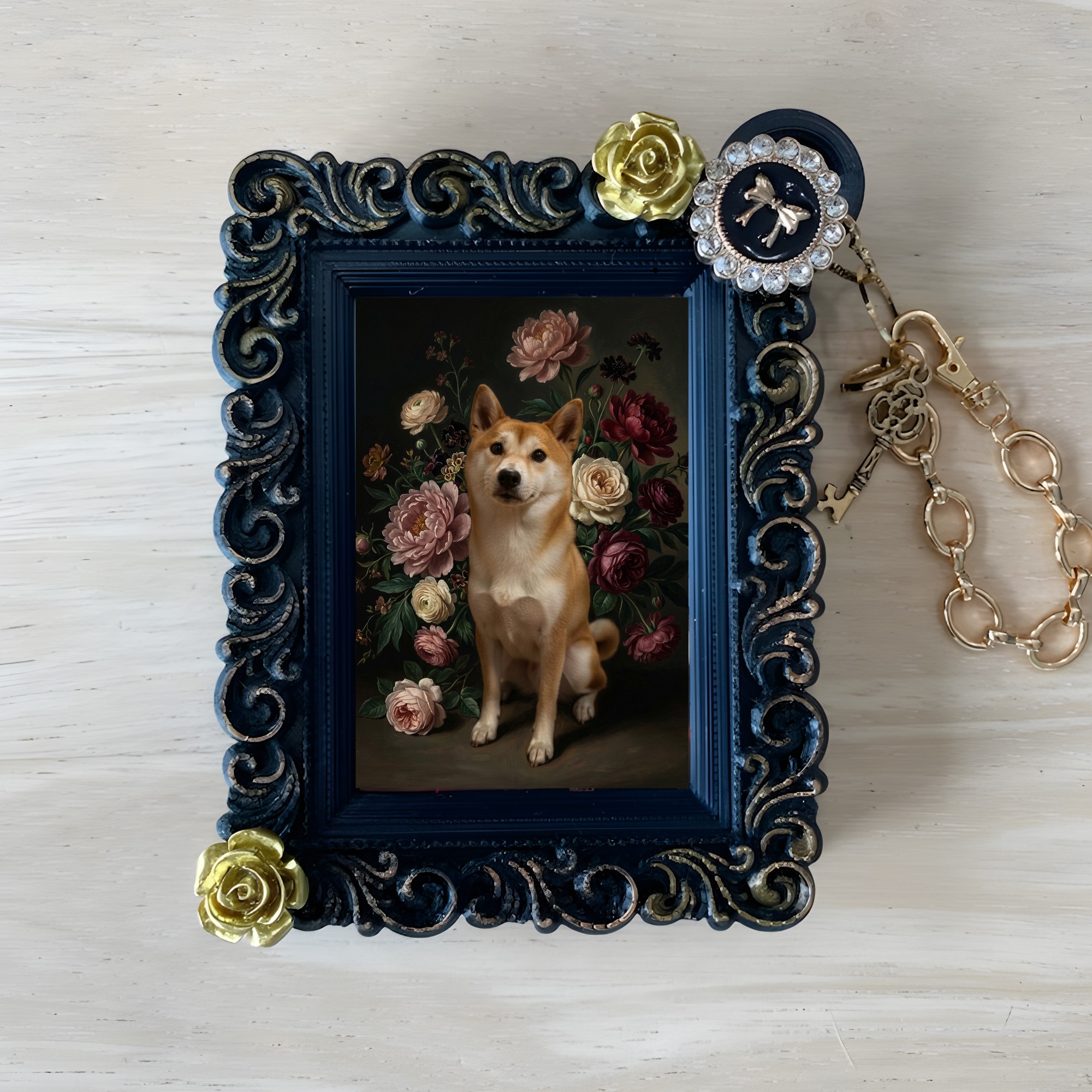 柴犬の花の油絵風アート花柄バッグチャーム(ブラック)