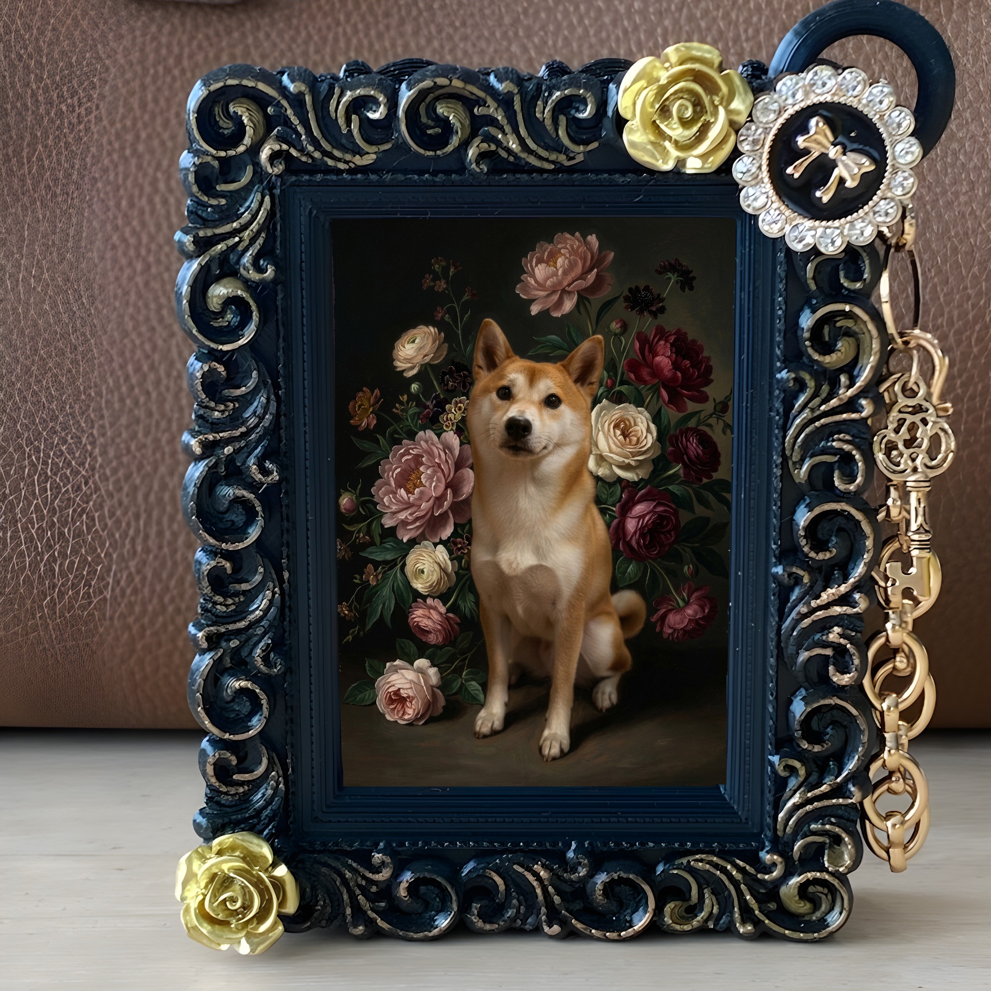 柴犬の花の油絵風アート花柄バッグチャーム(ブラック)(2枚目)
