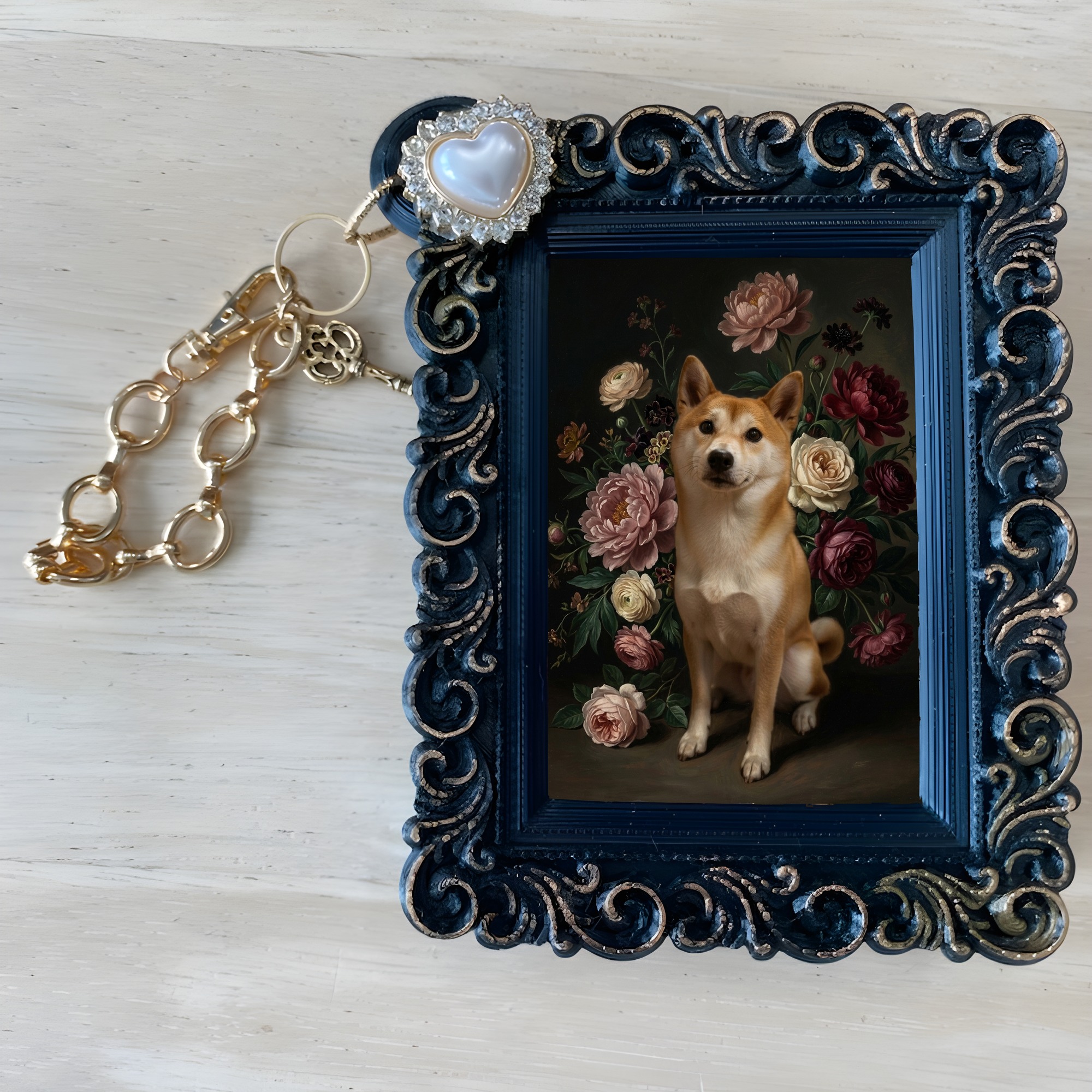 柴犬の花の油絵風アート花柄バッグチャーム(ブラック)(4枚目)