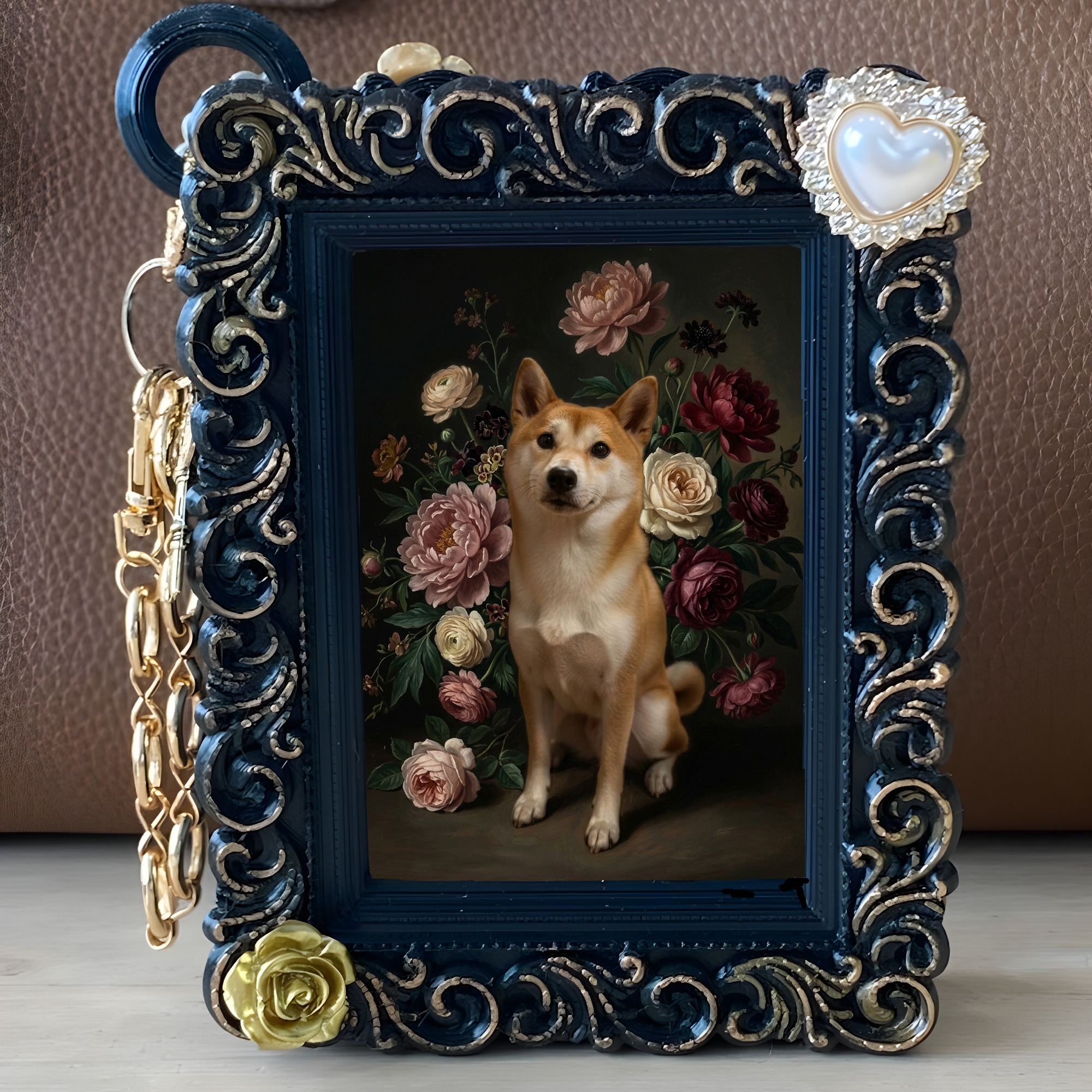 柴犬の花の油絵風アート花柄バッグチャーム(ブラック)(5枚目)