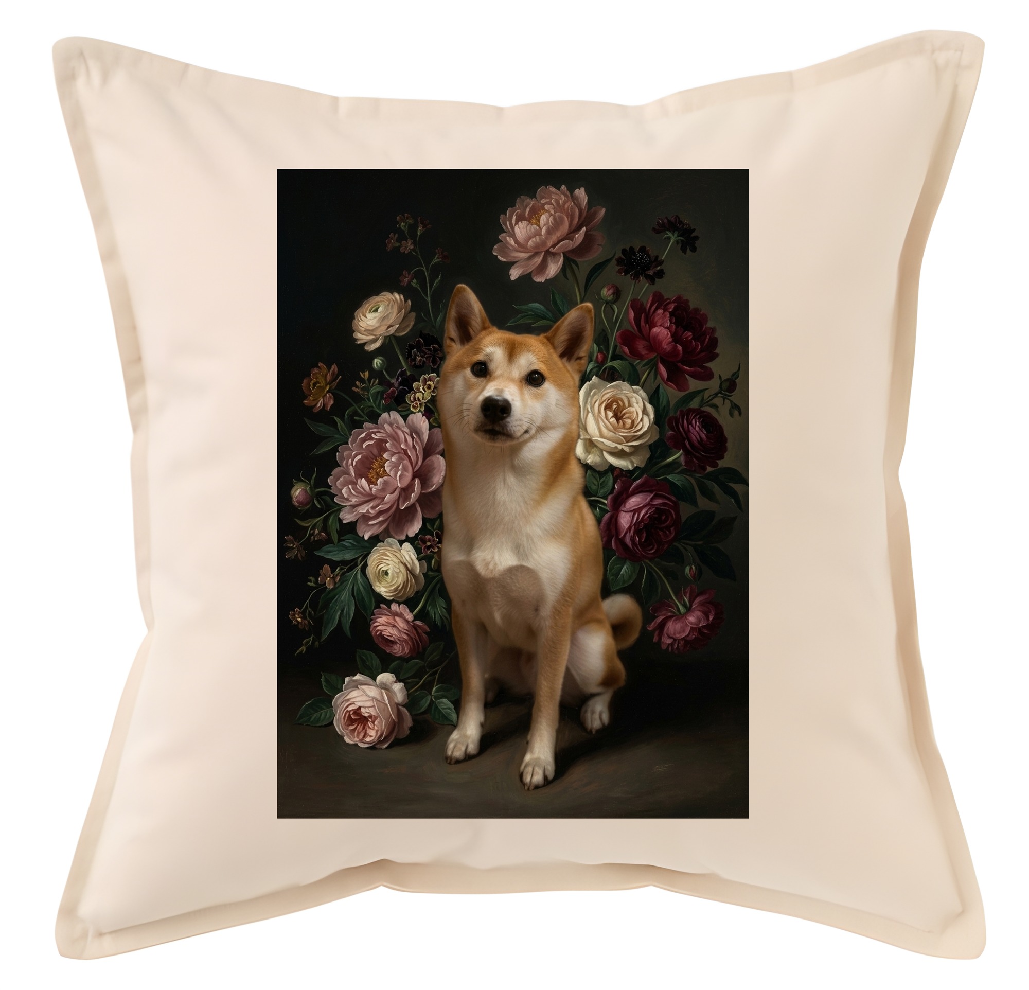 柴犬の花の油絵風アート花柄クッション