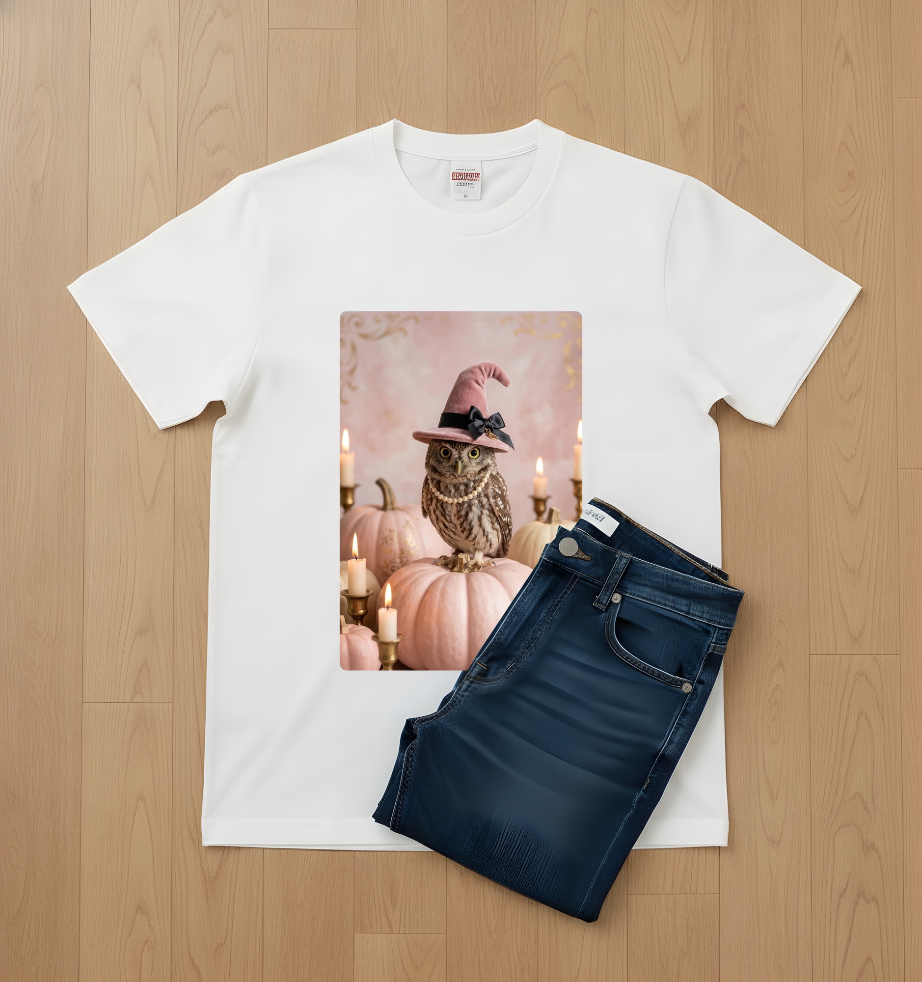 コノハズクのかぼちゃとキャンドルの油絵風アートハロウィンTシャツ(ホワイト)(2枚目)