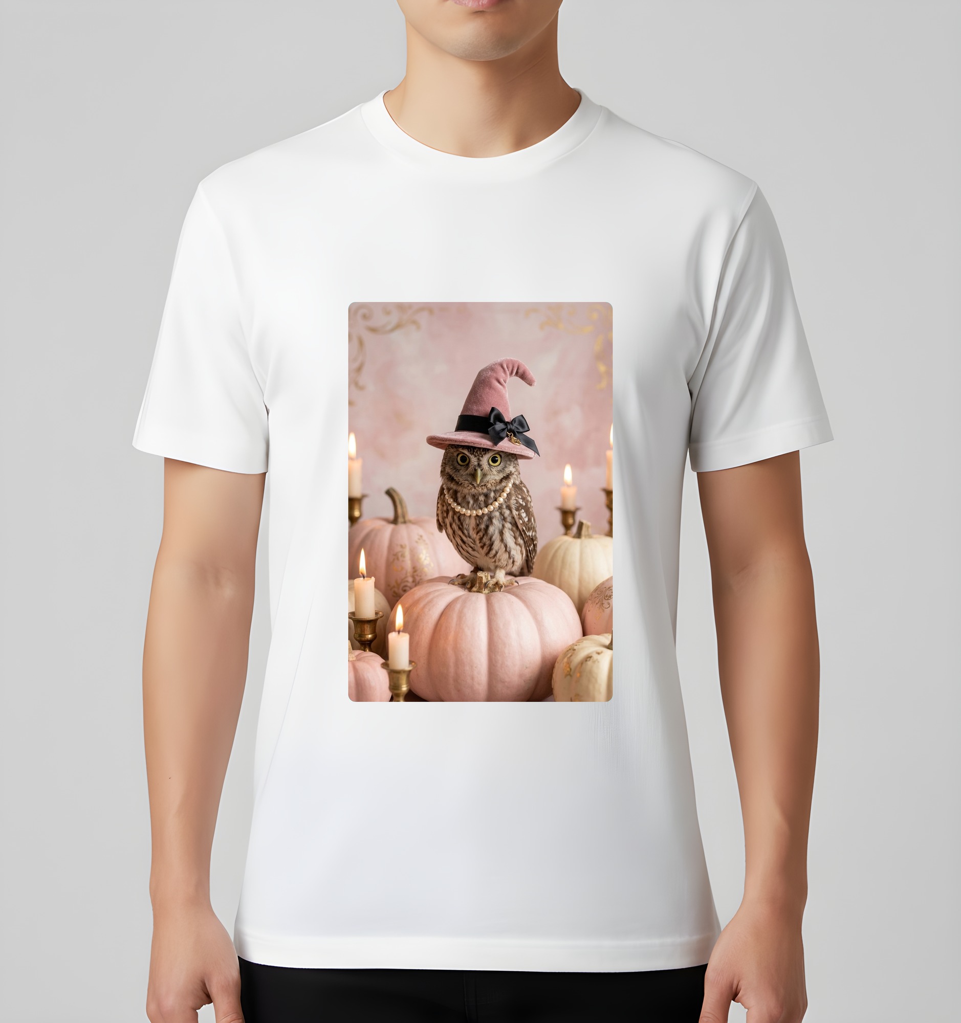 コノハズクのかぼちゃとキャンドルの油絵風アートハロウィンTシャツ(ホワイト)(3枚目)
