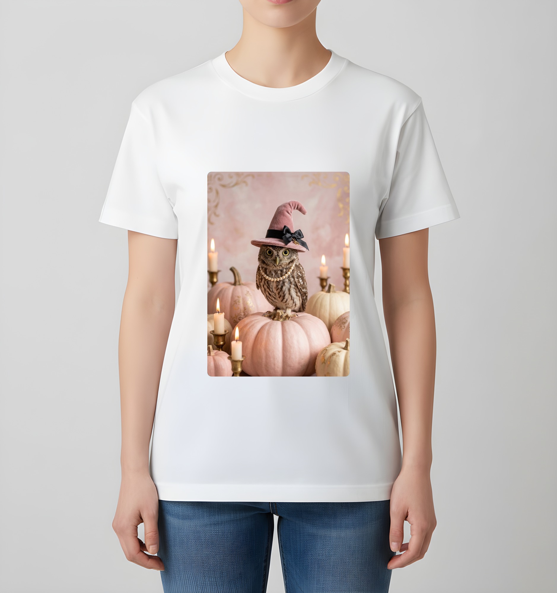 コノハズクのかぼちゃとキャンドルの油絵風アートハロウィンTシャツ(ホワイト)(4枚目)