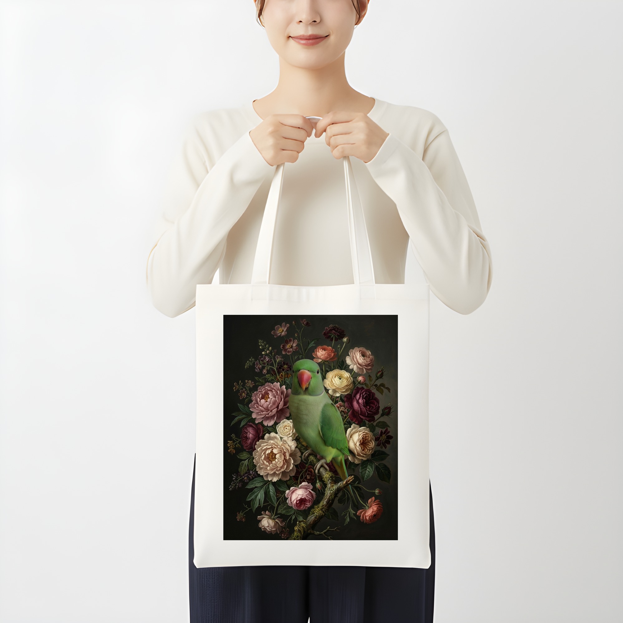 ワカケホンセイインコの花の油絵風アート花柄トートバッグ（3枚目）