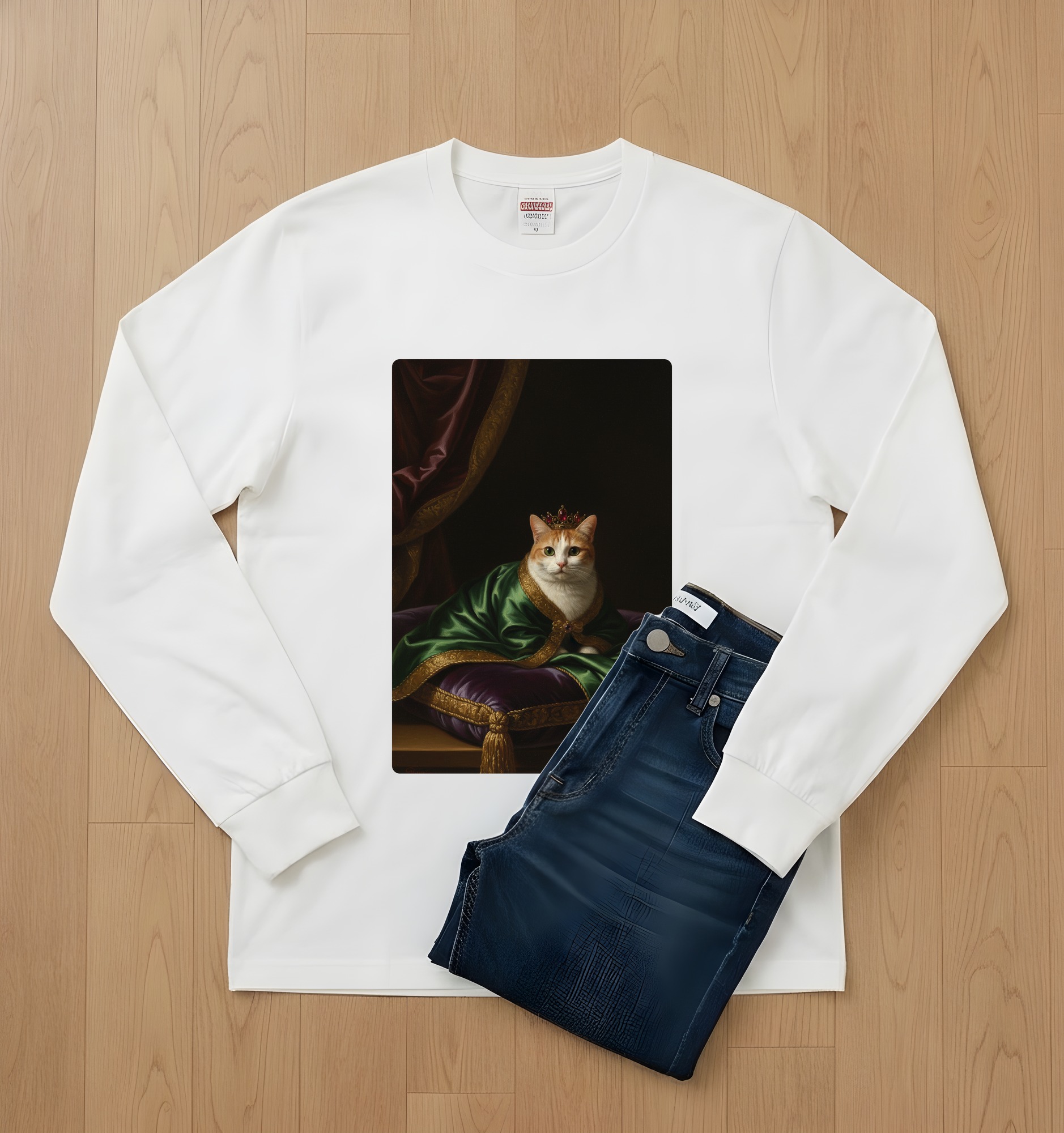マンチカンのルネサンス肖像画長袖Tシャツ(ホワイト)(2枚目)