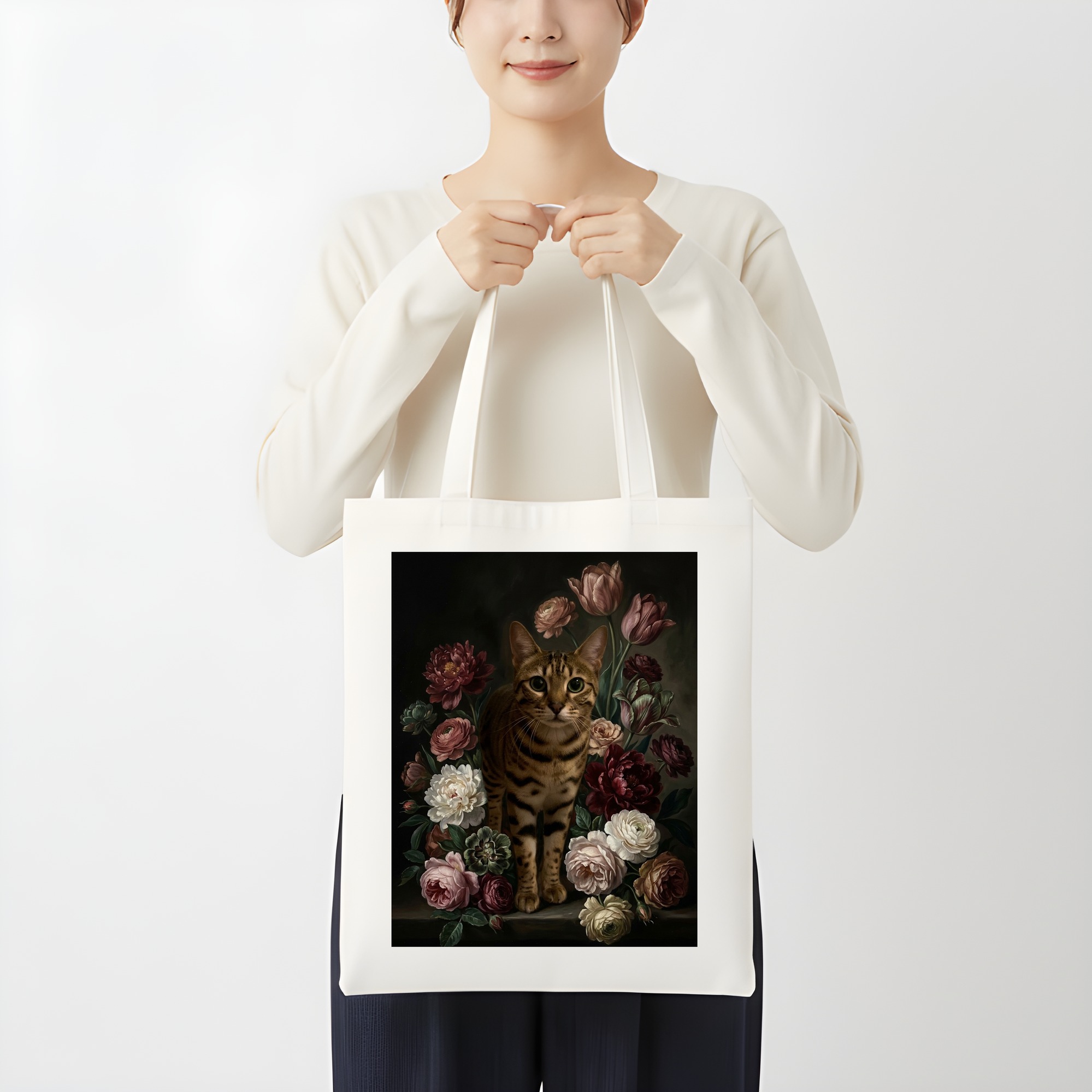 オシキャットの花の油絵風アート花柄トートバッグ(3枚目)