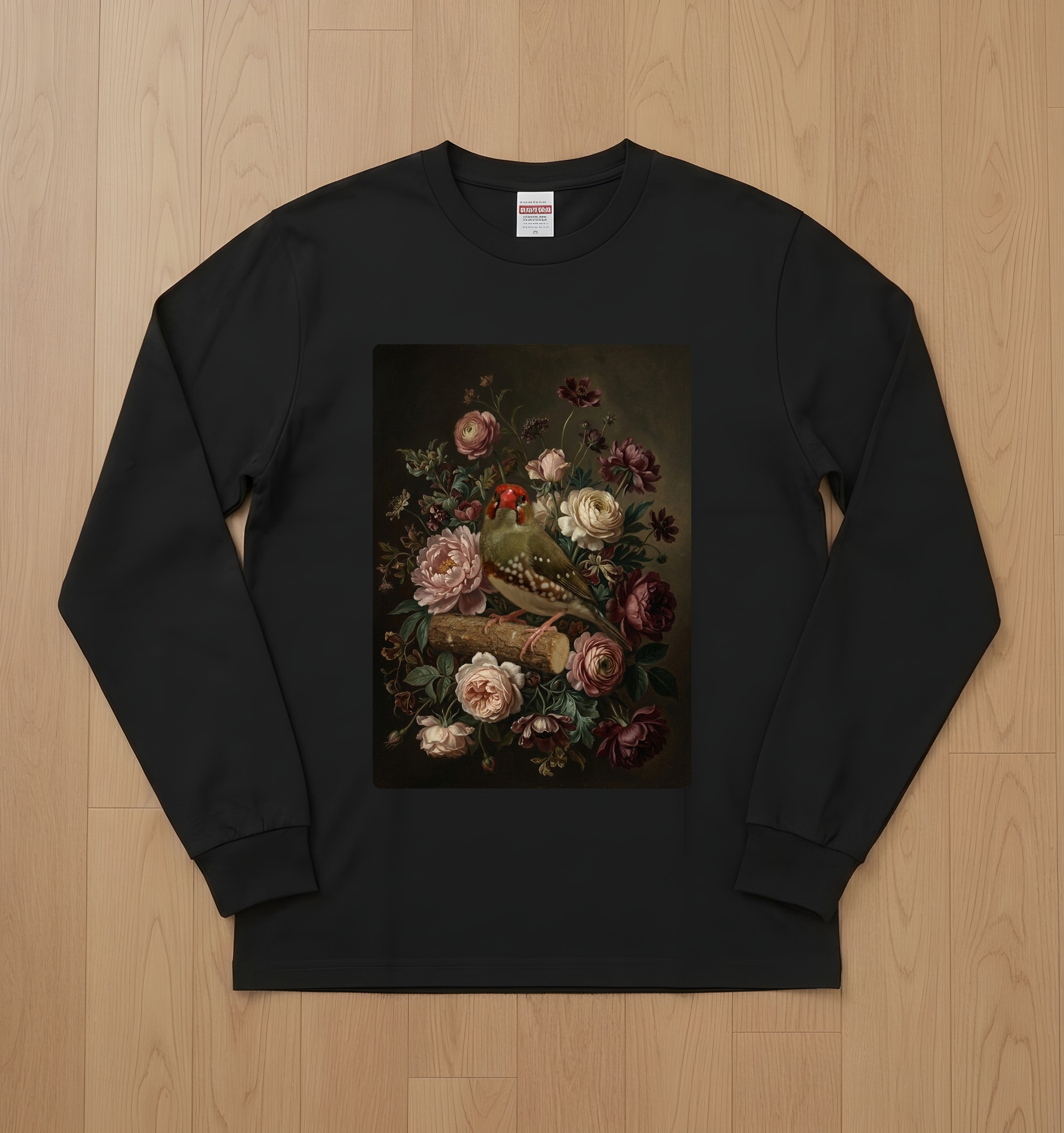 アサヒスズメの花の油絵風アート花柄長袖Tシャツ(ブラック)