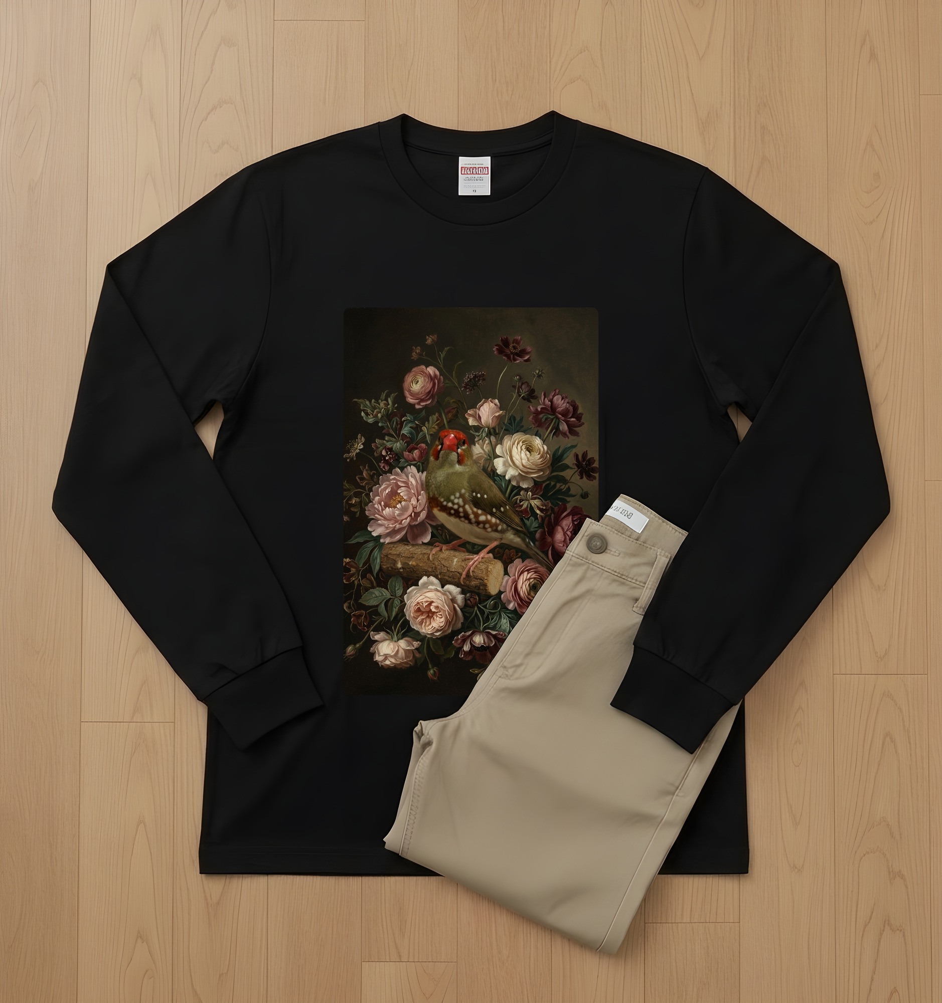 アサヒスズメの花の油絵風アート花柄長袖Tシャツ(ブラック)(2枚目)