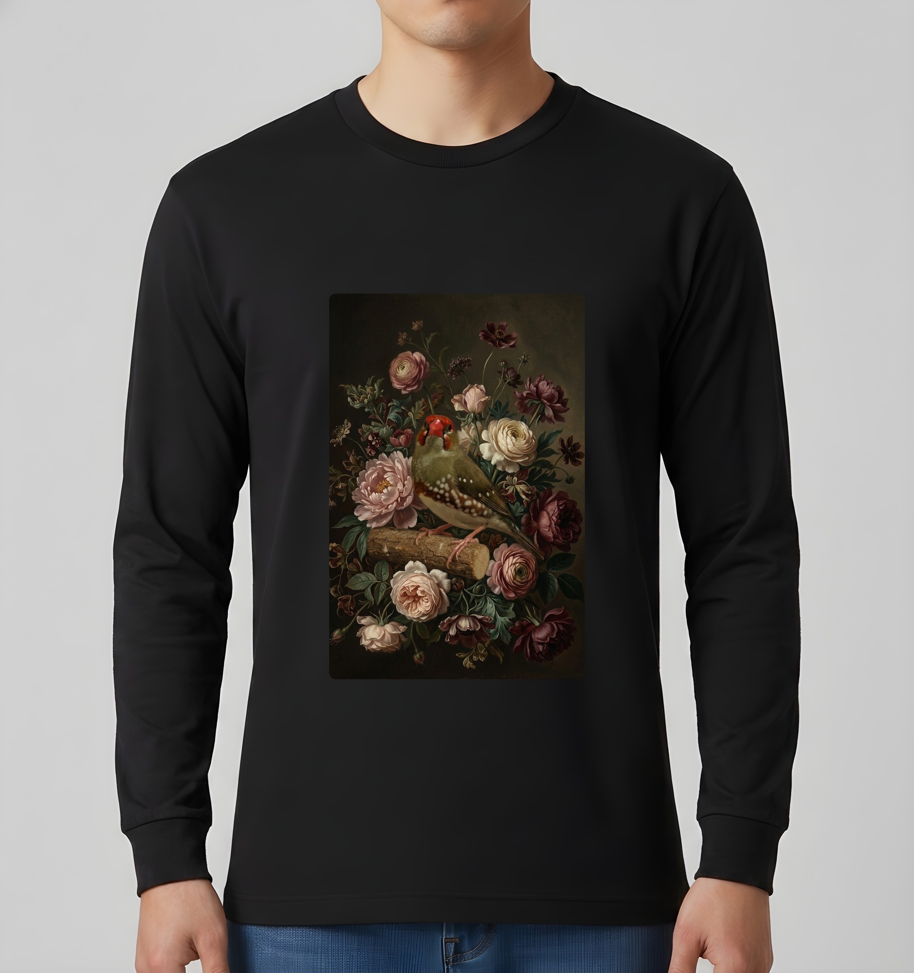 アサヒスズメの花の油絵風アート花柄長袖Tシャツ(ブラック)(3枚目)