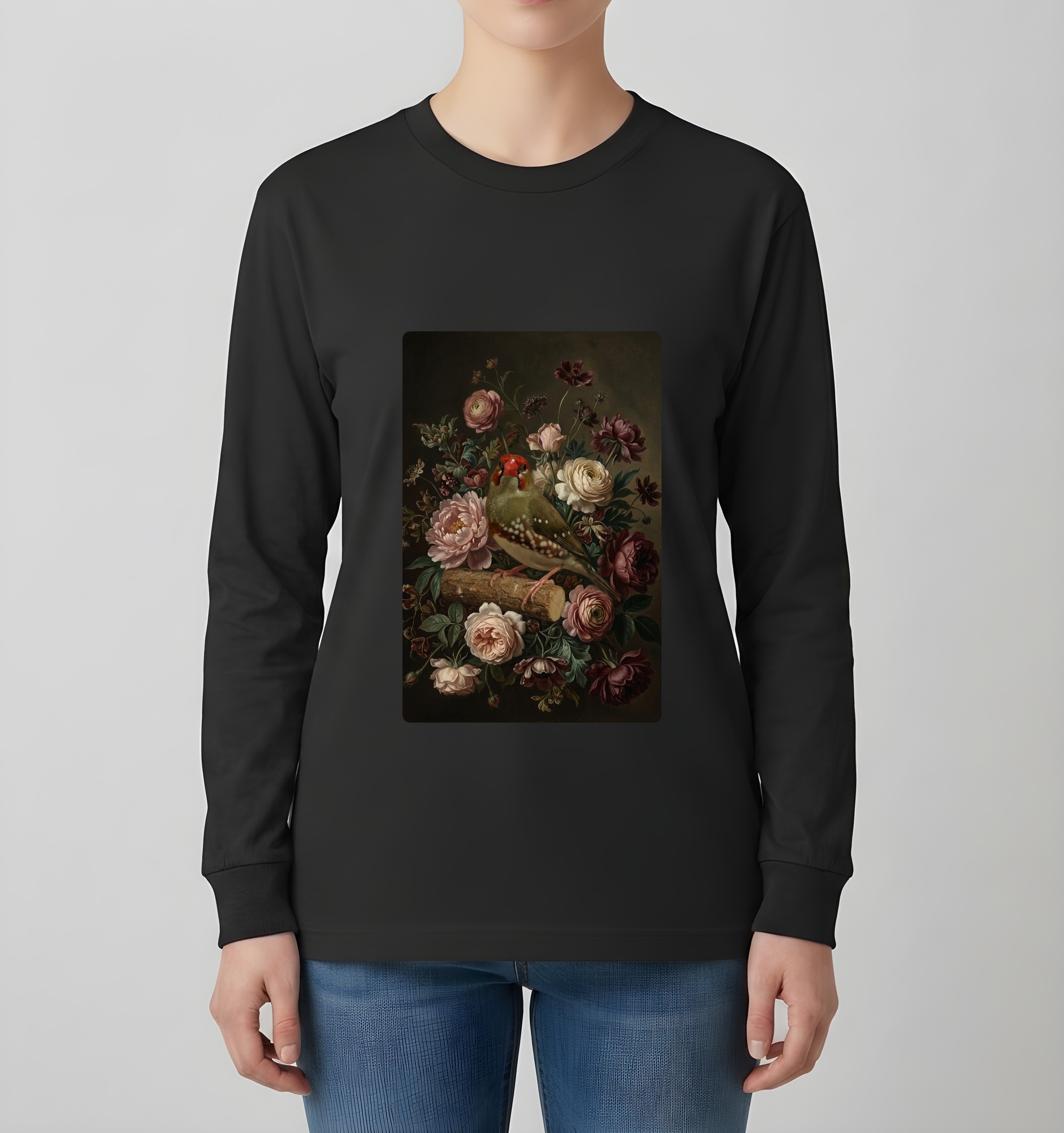 アサヒスズメの花の油絵風アート花柄長袖Tシャツ(ブラック)(4枚目)