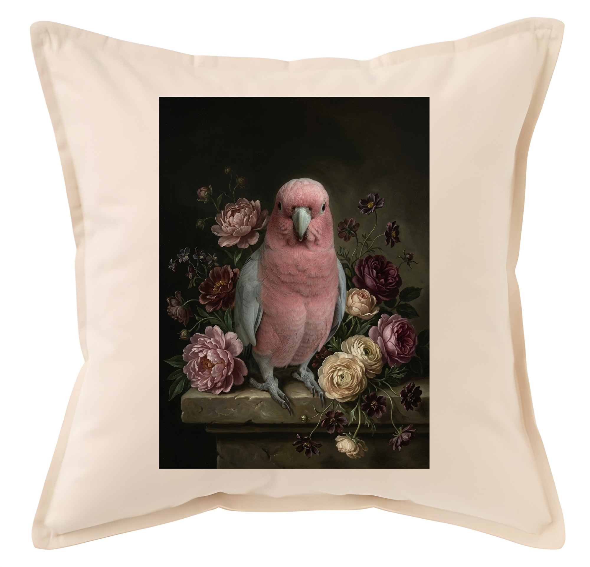 モモイロインコの花の油絵風アート花柄クッション